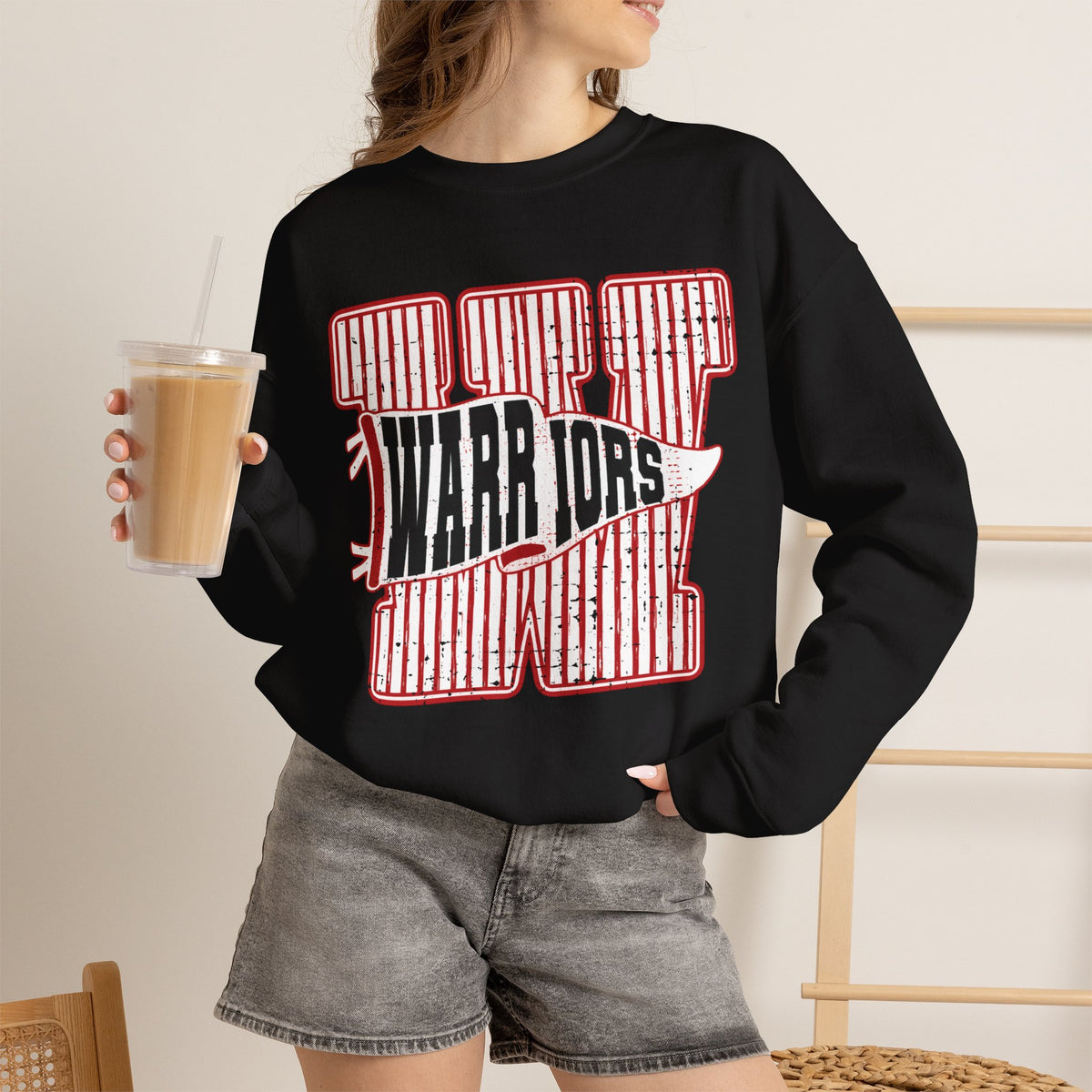 Warriors Crewneck Sweatshirt — Vintage Red Stripe School Spirit Pullover