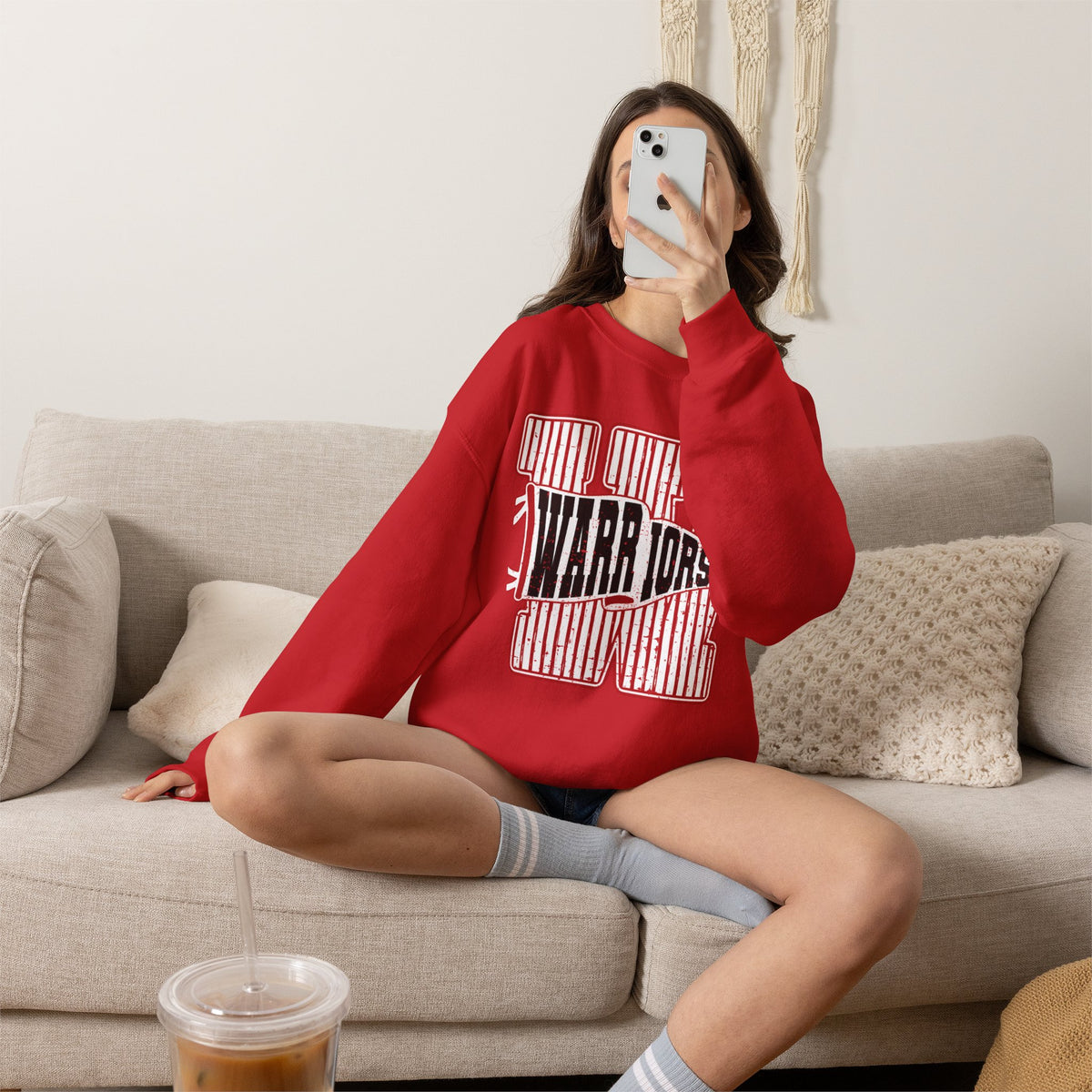 Warriors Crewneck Sweatshirt — Vintage Red Stripe School Spirit Pullover