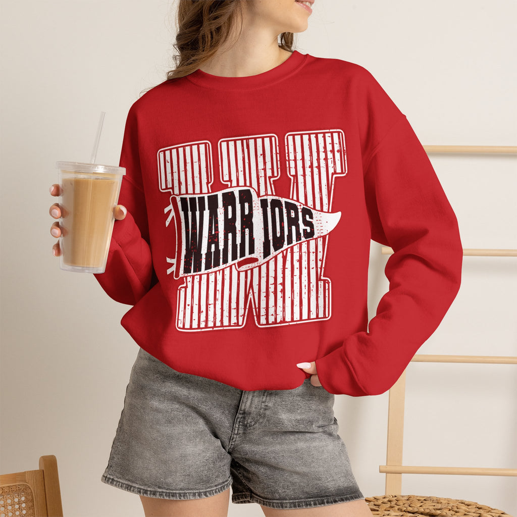 Warriors Crewneck Sweatshirt — Vintage Red Stripe School Spirit Pullover