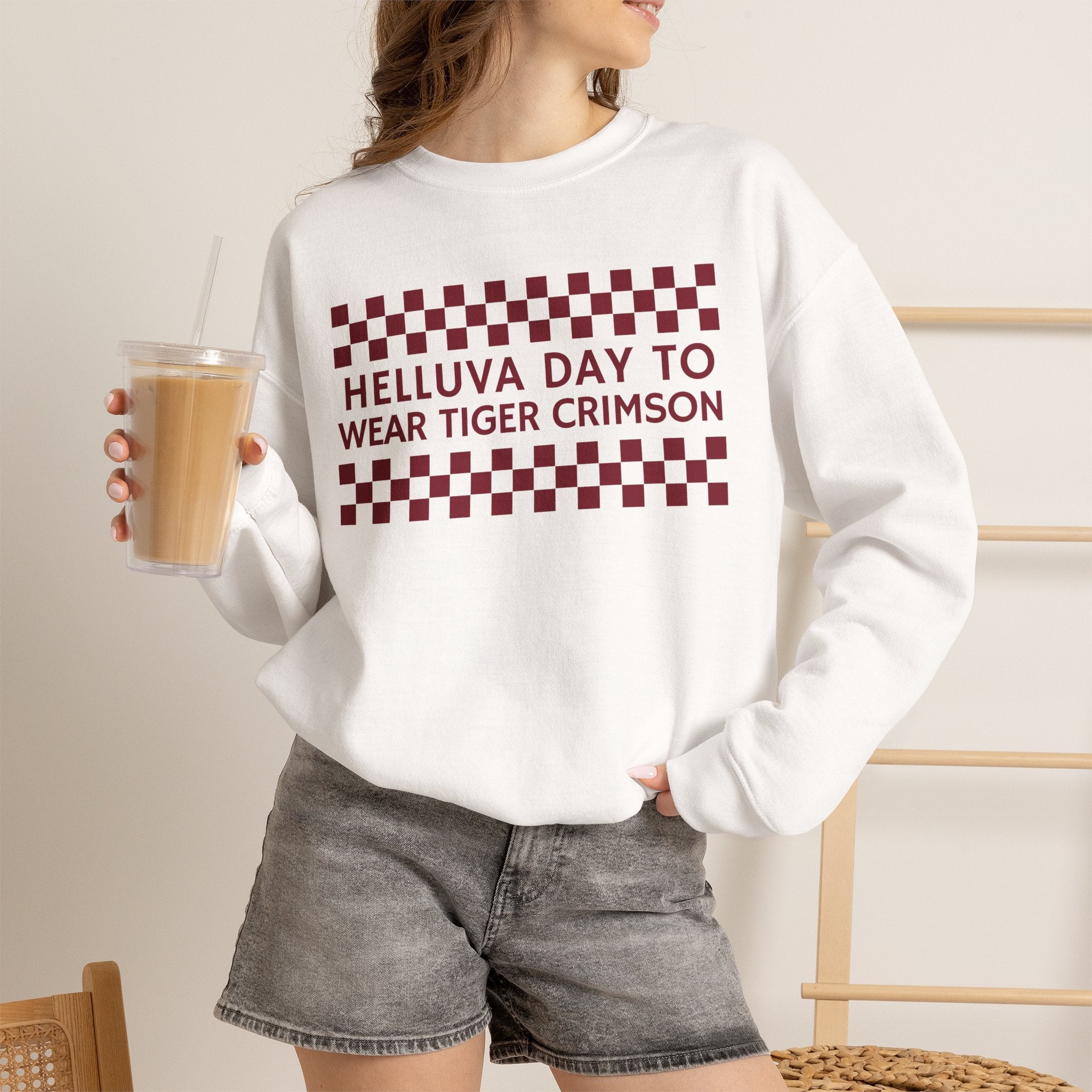 Crewneck Sweatshirt — "Helluva Day to Wear Tiger Crimson" Checkerboard Pullover