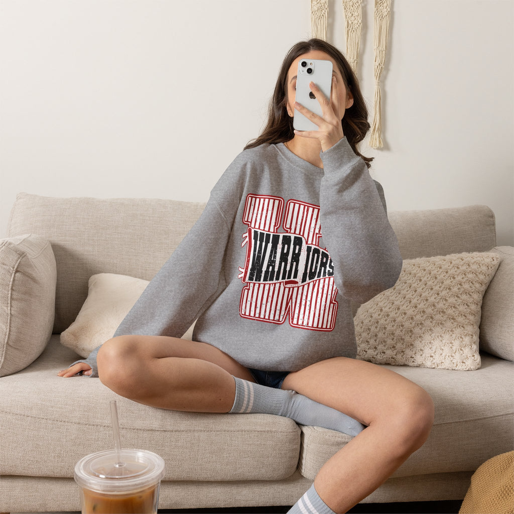 Warriors Crewneck Sweatshirt — Vintage Red Stripe School Spirit Pullover