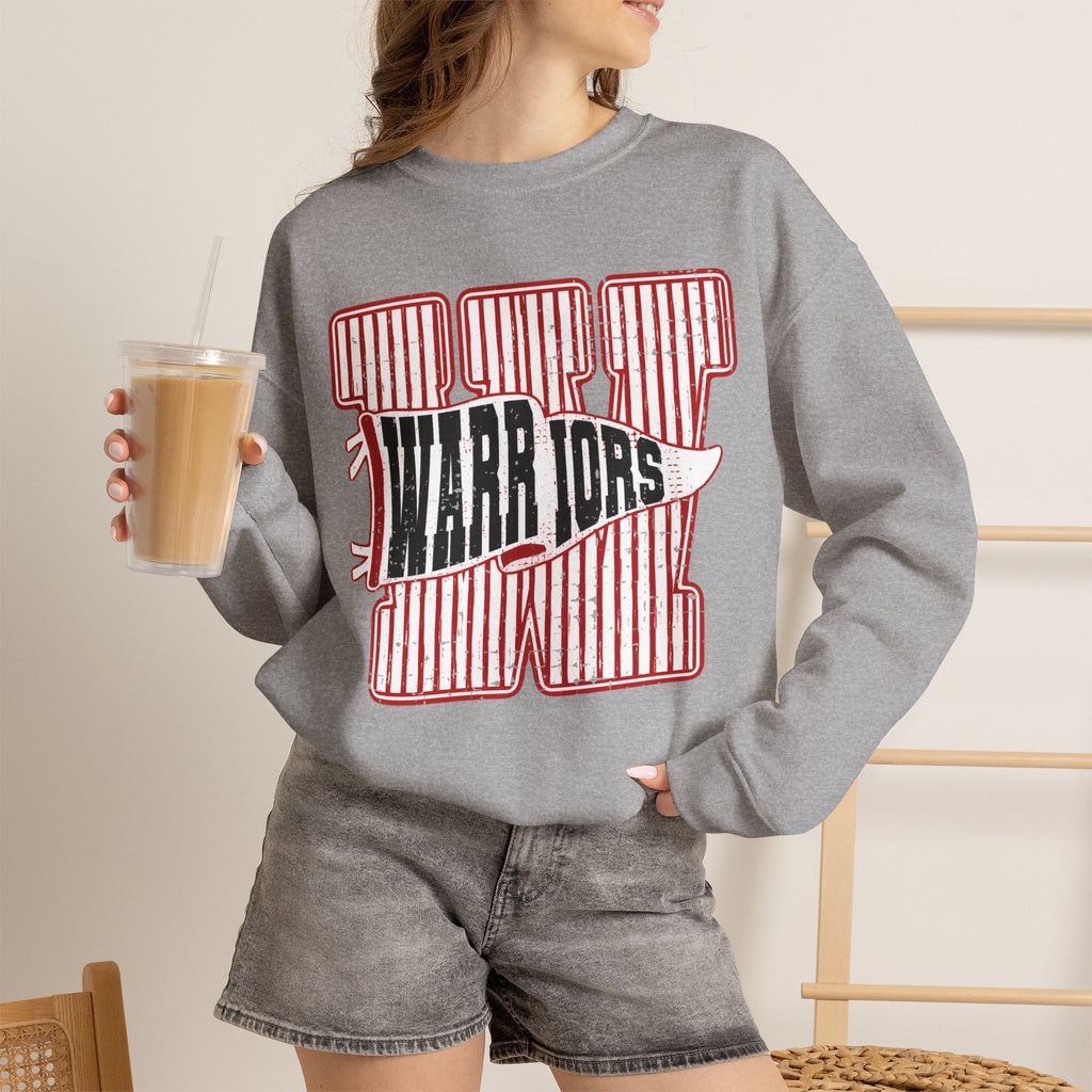 Warriors Crewneck Sweatshirt — Vintage Red Stripe School Spirit Pullover