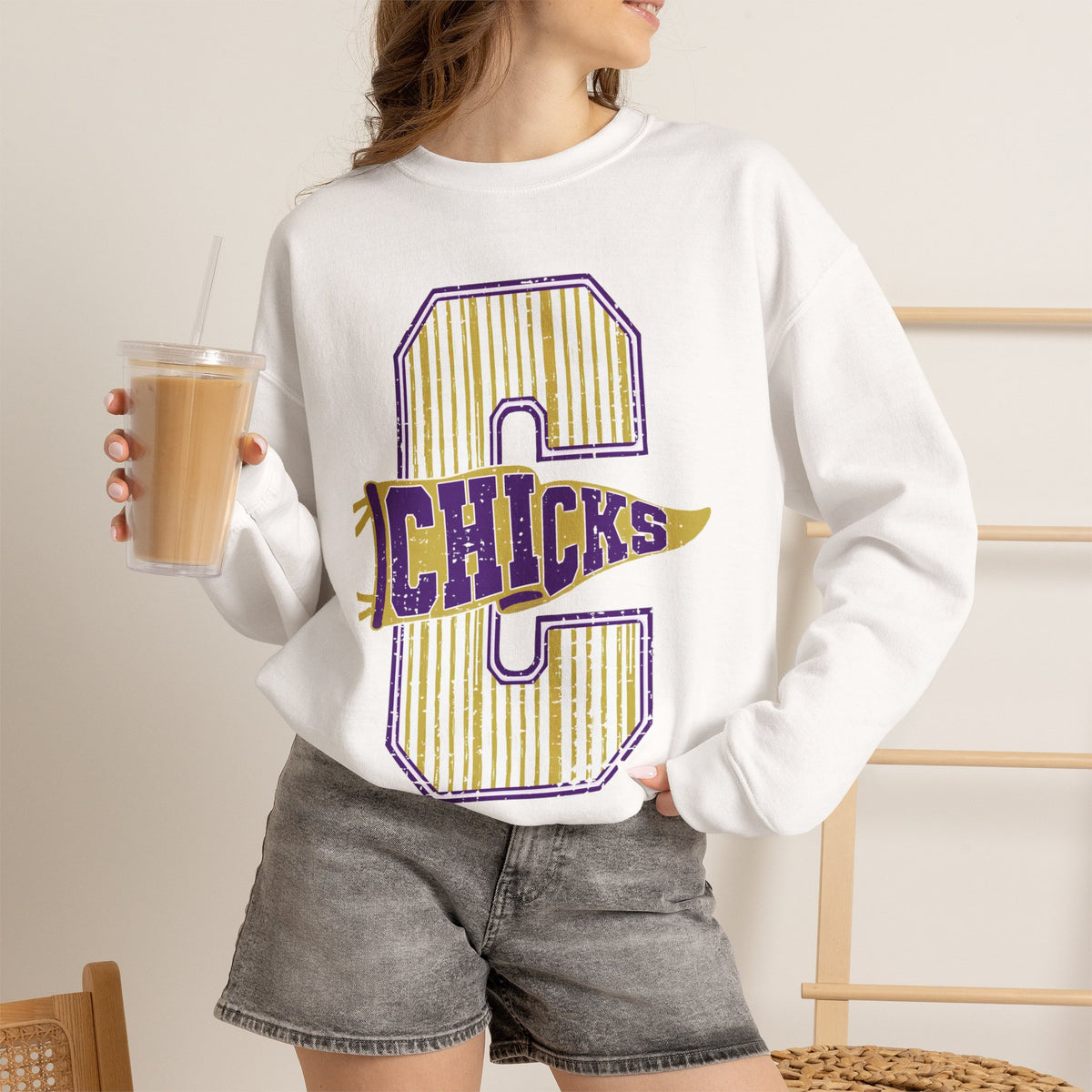 Crewneck Sweatshirt — Vintage Varsity “Chicks” Pennant C Graphic
