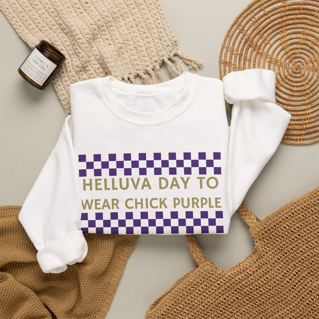 Helluva Day to Wear Chick Purple Checkerboard Graphic Sweatshirt