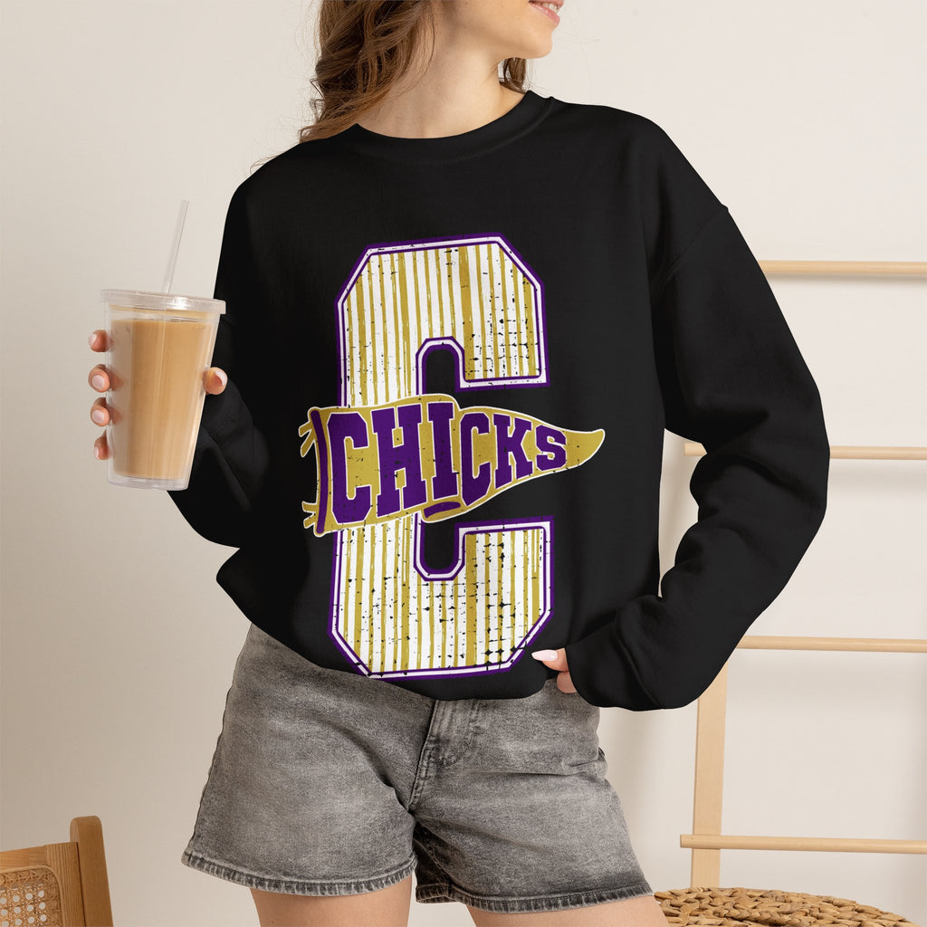 Crewneck Sweatshirt — Vintage Varsity “Chicks” Pennant C Graphic