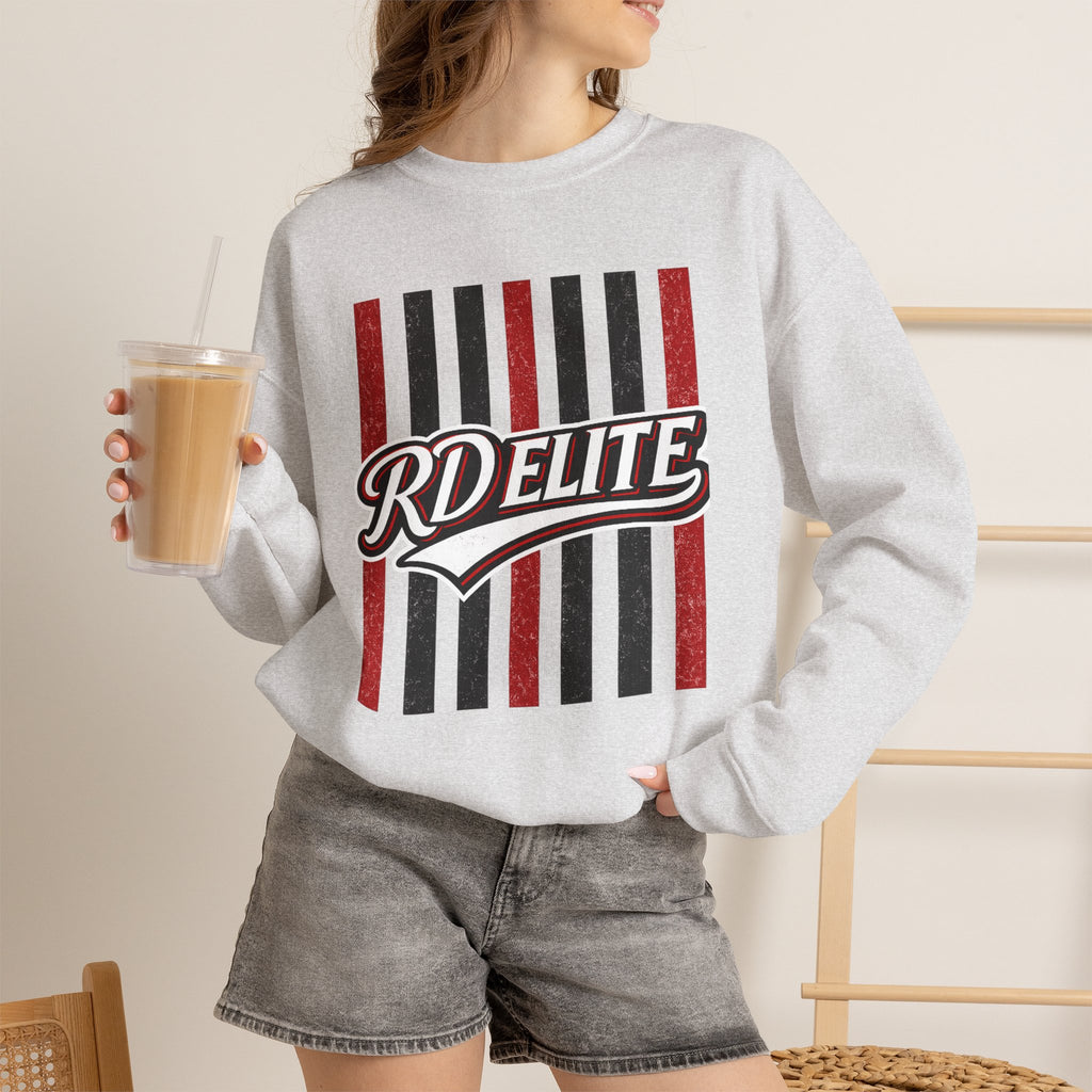 RD Elite Striped Crewneck Sweatshirt — Retro Red & Black Athletic Design