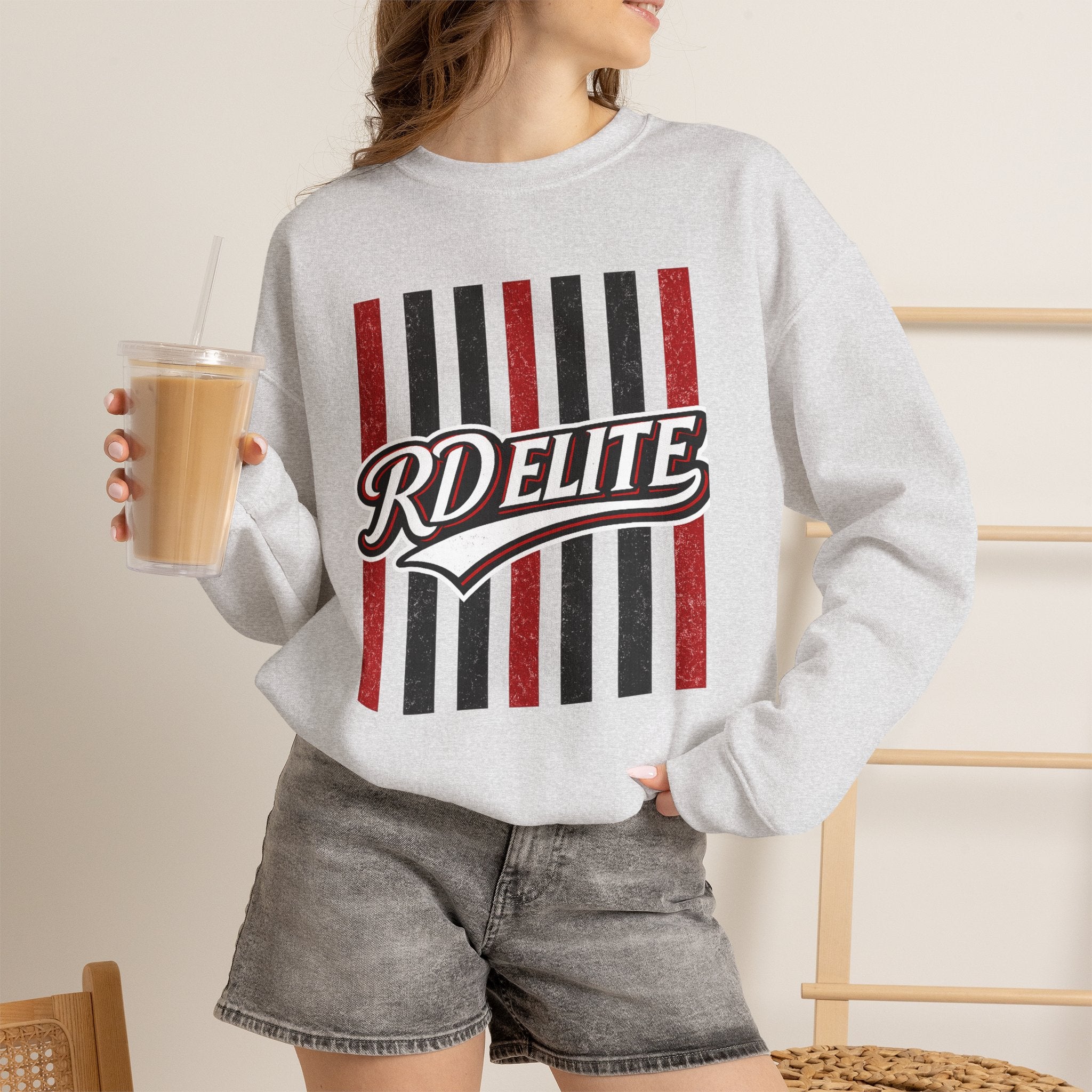 RD Elite Striped Crewneck Sweatshirt — Retro Red & Black Athletic Design