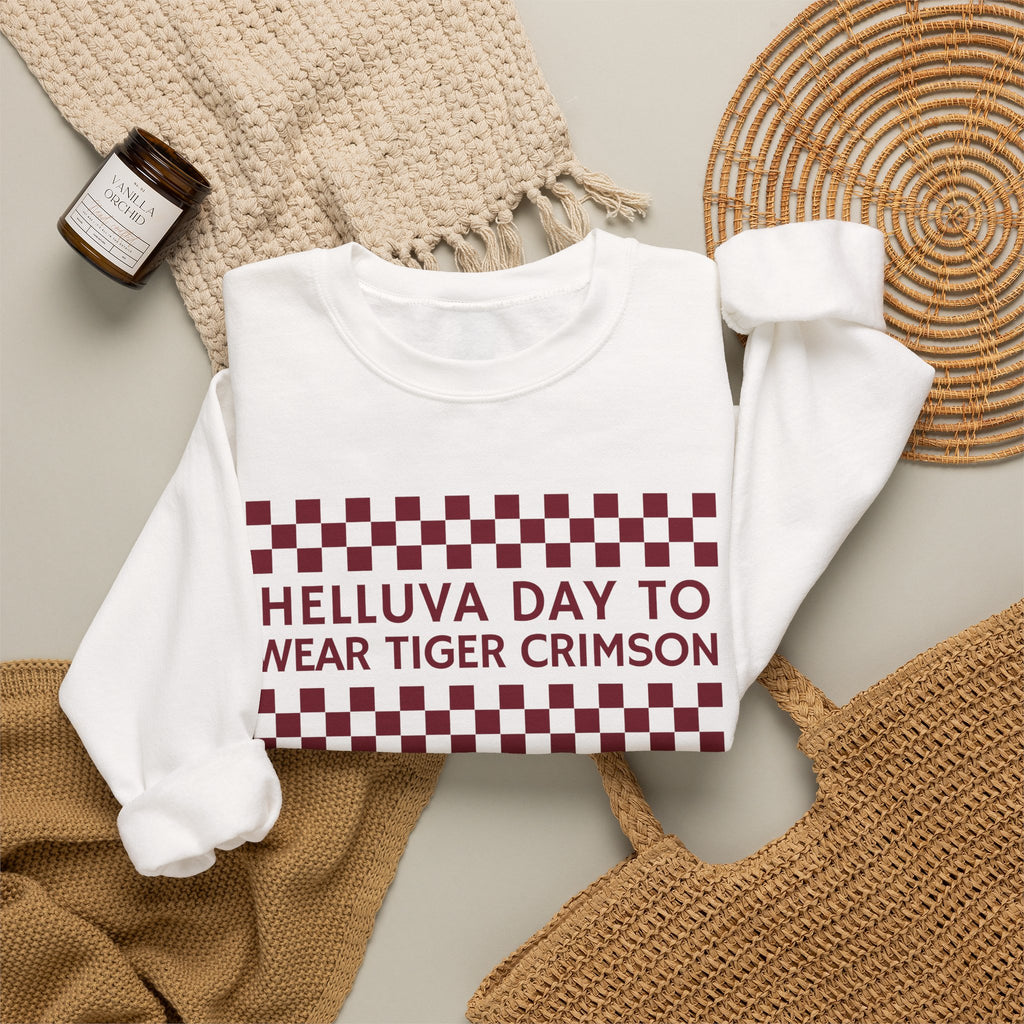 Crewneck Sweatshirt — "Helluva Day to Wear Tiger Crimson" Checkerboard Pullover