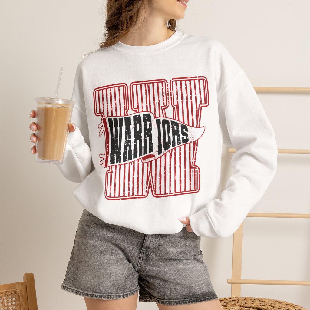 Warriors Crewneck Sweatshirt — Vintage Red Stripe School Spirit Pullover