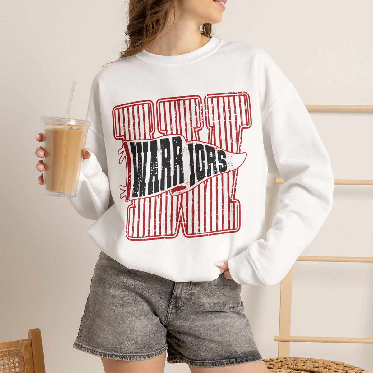 Warriors Crewneck Sweatshirt — Vintage Red Stripe School Spirit Pullover