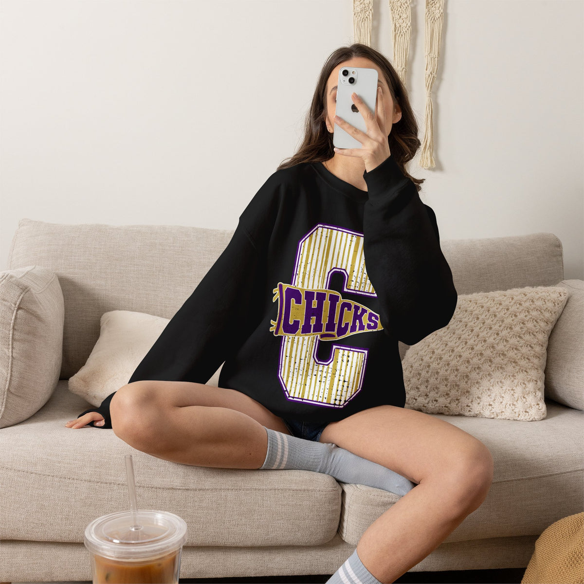 Crewneck Sweatshirt — Vintage Varsity “Chicks” Pennant C Graphic