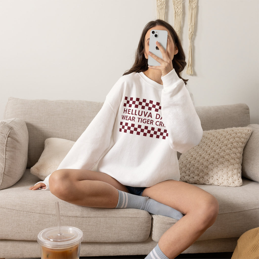 Crewneck Sweatshirt — "Helluva Day to Wear Tiger Crimson" Checkerboard Pullover