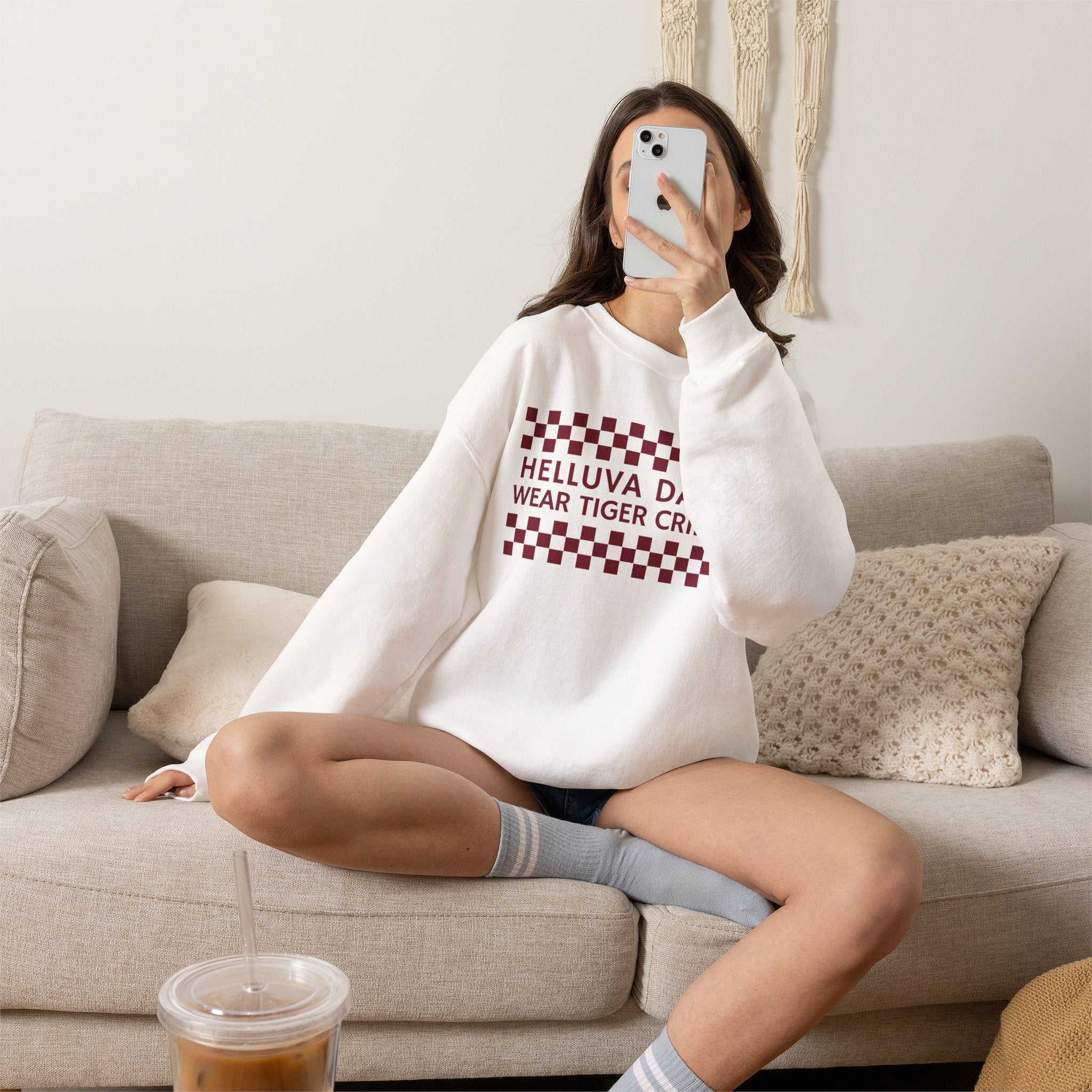 Crewneck Sweatshirt — "Helluva Day to Wear Tiger Crimson" Checkerboard Pullover