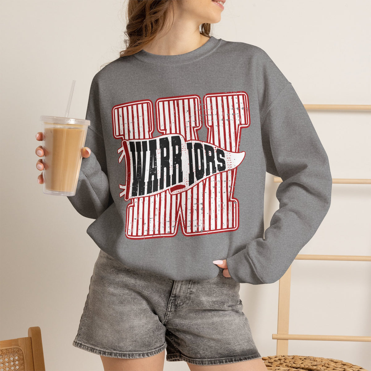 Warriors Crewneck Sweatshirt — Vintage Red Stripe School Spirit Pullover