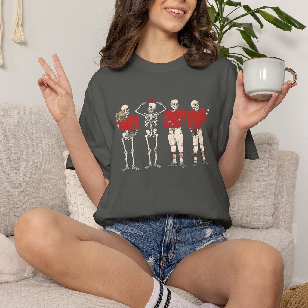 Skeleton Football Team Graphic T-Shirt — Vintage Sports Halloween Tee
