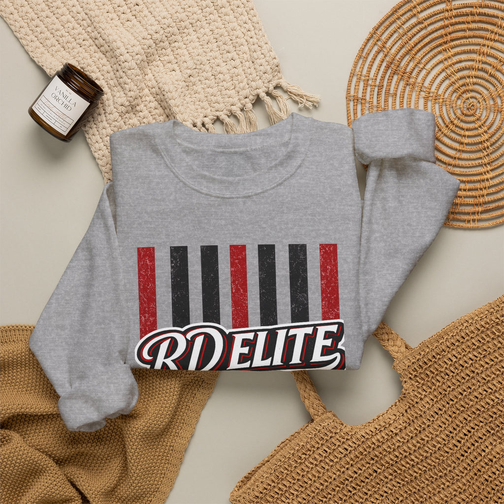 RD Elite Striped Crewneck Sweatshirt — Retro Red & Black Athletic Design