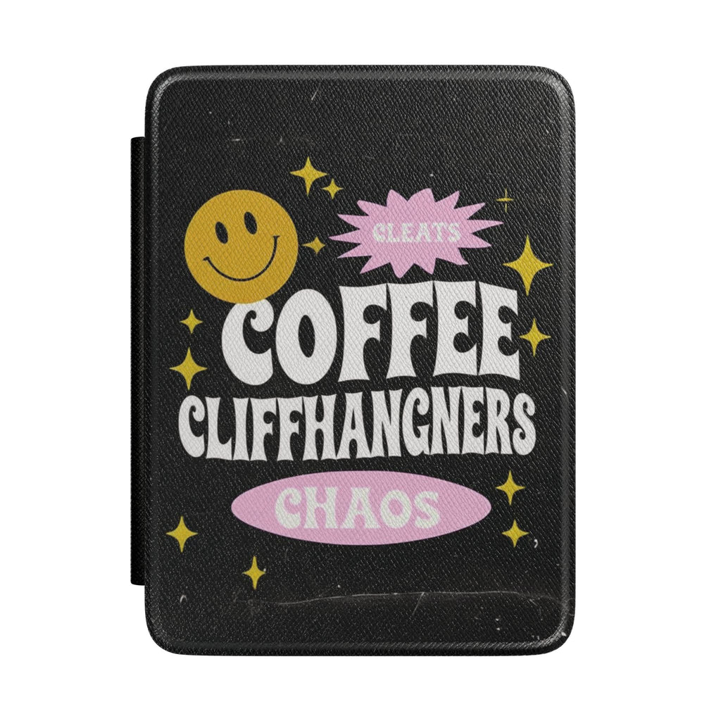 Kindle Case — 'Coffee, Cliffhangers, Chaos' Retro Smiley E-Reader Cover