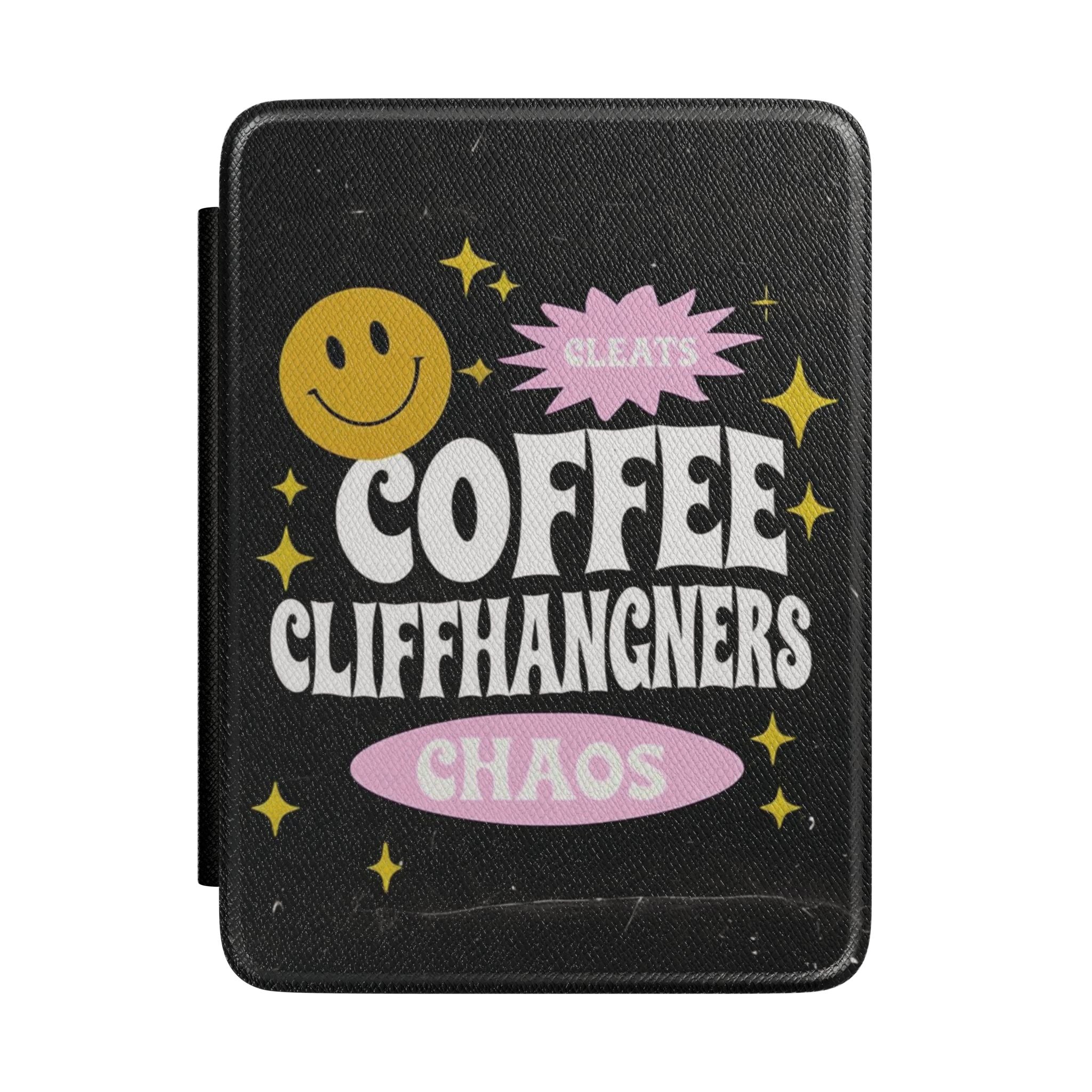 Kindle Case — 'Coffee, Cliffhangers, Chaos' Retro Smiley E-Reader Cover