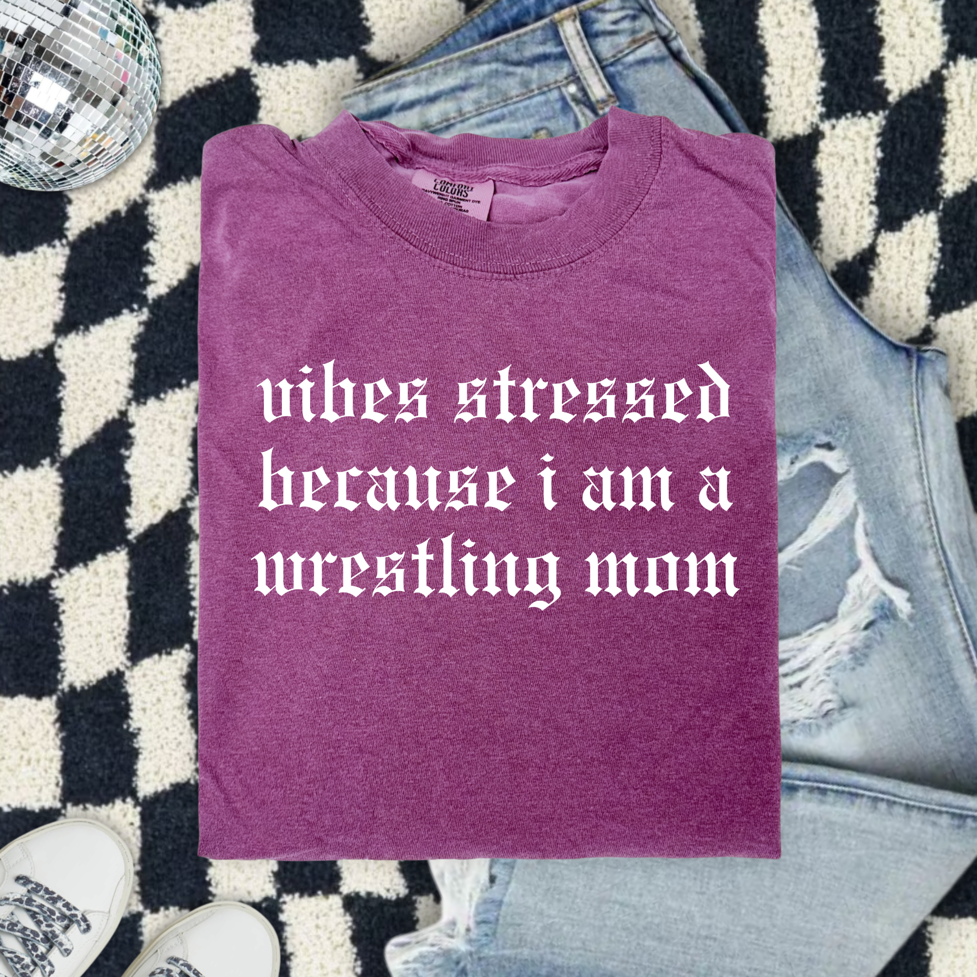 Wrestling Mom Comfort Colors T-Shirt — “Vibes Stressed Because I Am A Wrestling Mom” Graphic Tee