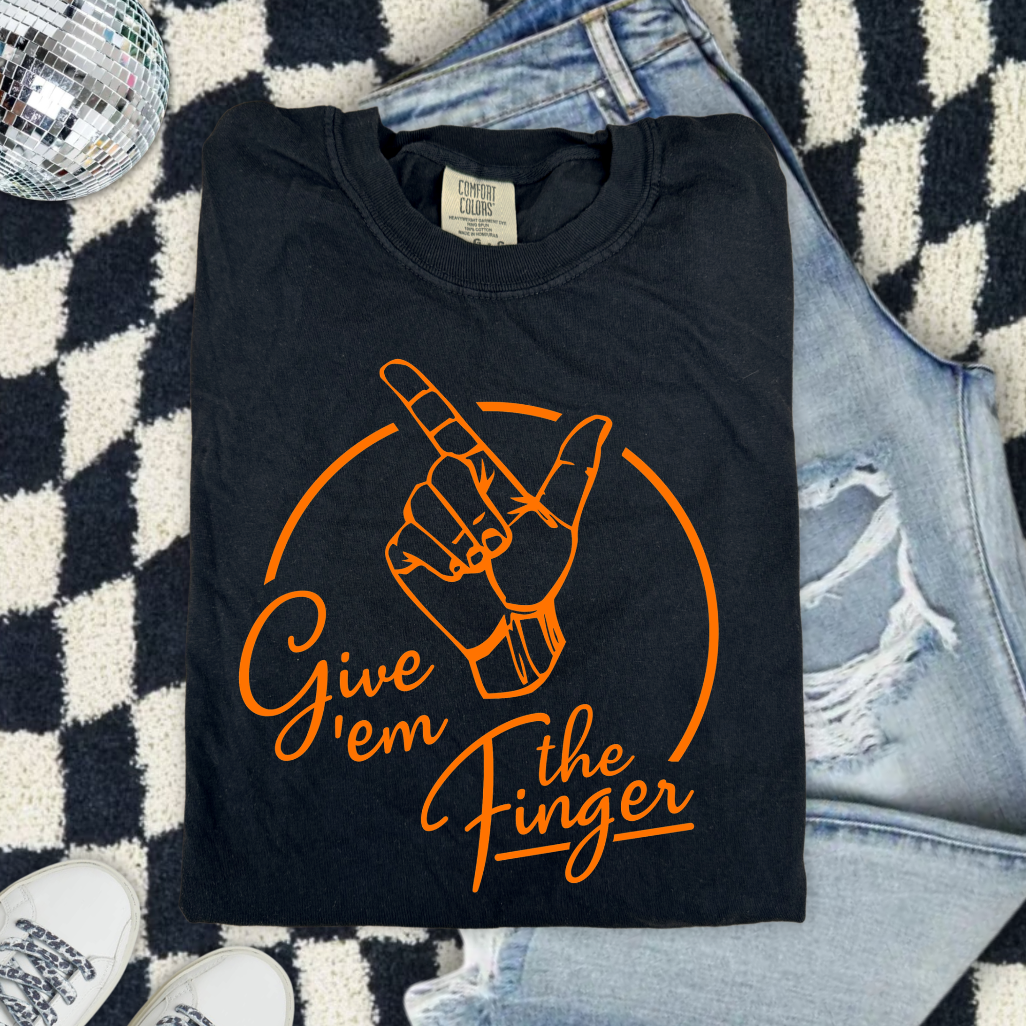 Give 'Em The Finger Comfort Colors T-Shirt — Retro Hand Graphic Tee