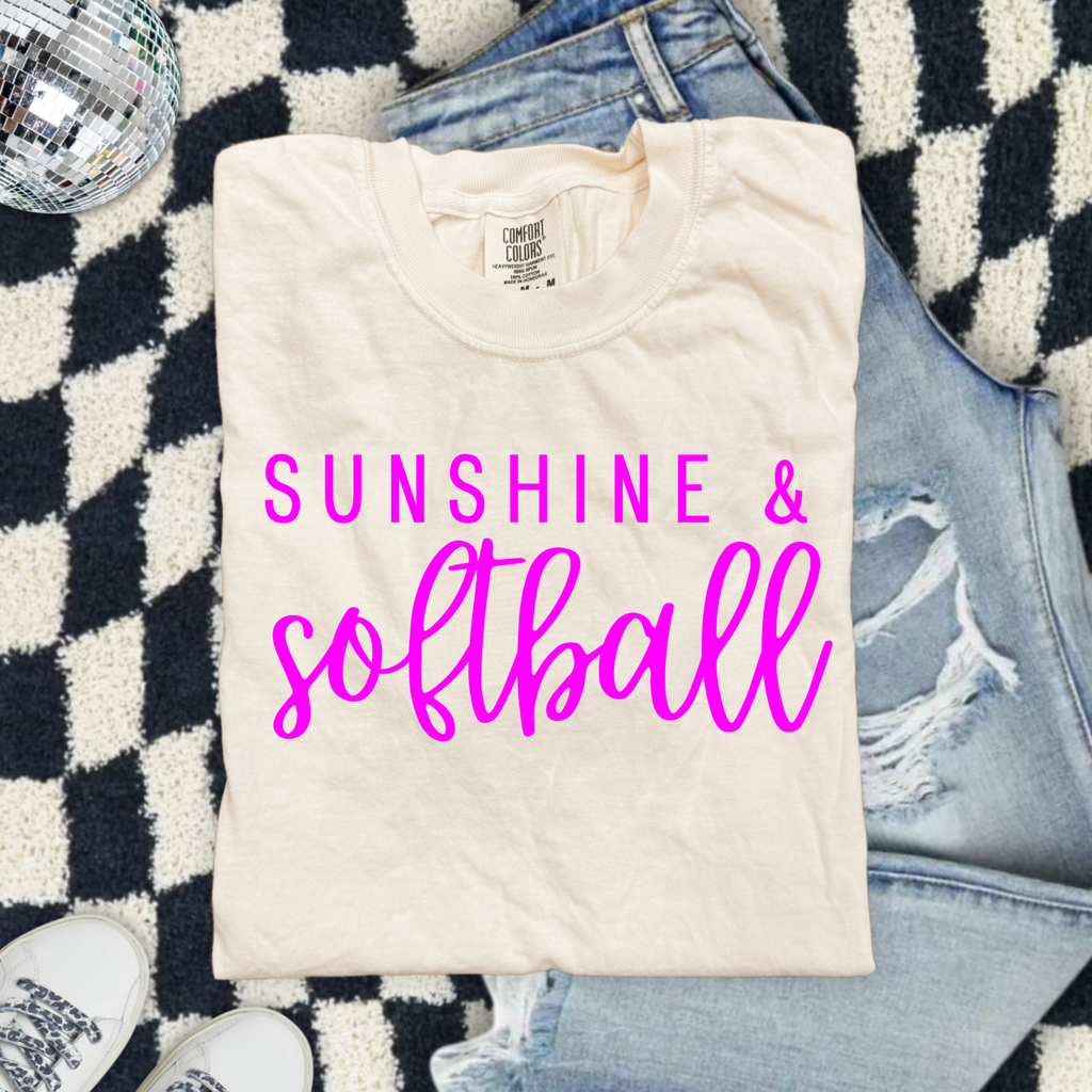 Sunshine & Softball Comfort Colors T-Shirt — Pink Script Softball Tee for Players & Fans