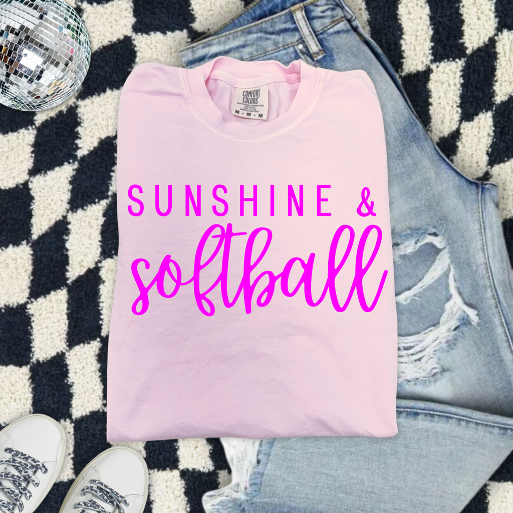 Sunshine & Softball Comfort Colors T-Shirt — Pink Script Softball Tee for Players & Fans