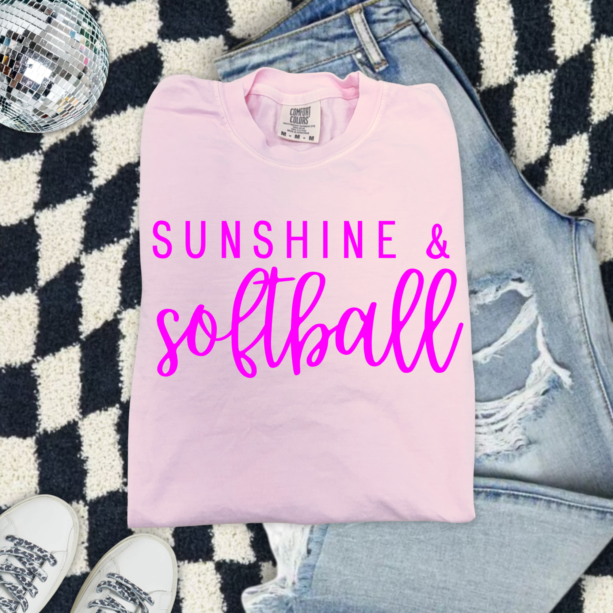 Sunshine & Softball Comfort Colors T-Shirt — Pink Script Softball Tee for Players & Fans