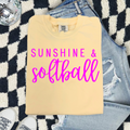 Sunshine & Softball Comfort Colors T-Shirt — Pink Script Softball Tee for Players & Fans