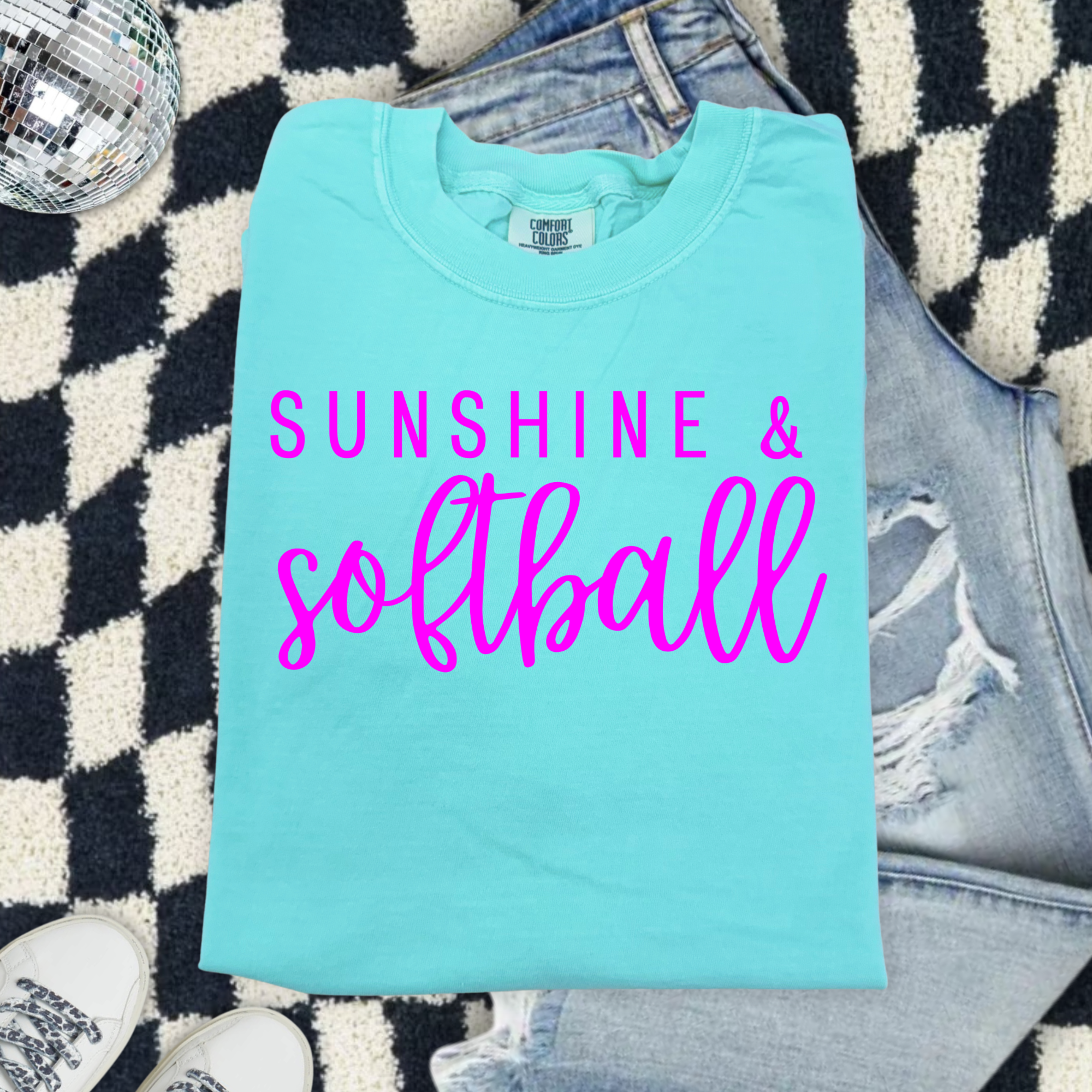 Sunshine & Softball Comfort Colors T-Shirt — Pink Script Softball Tee for Players & Fans