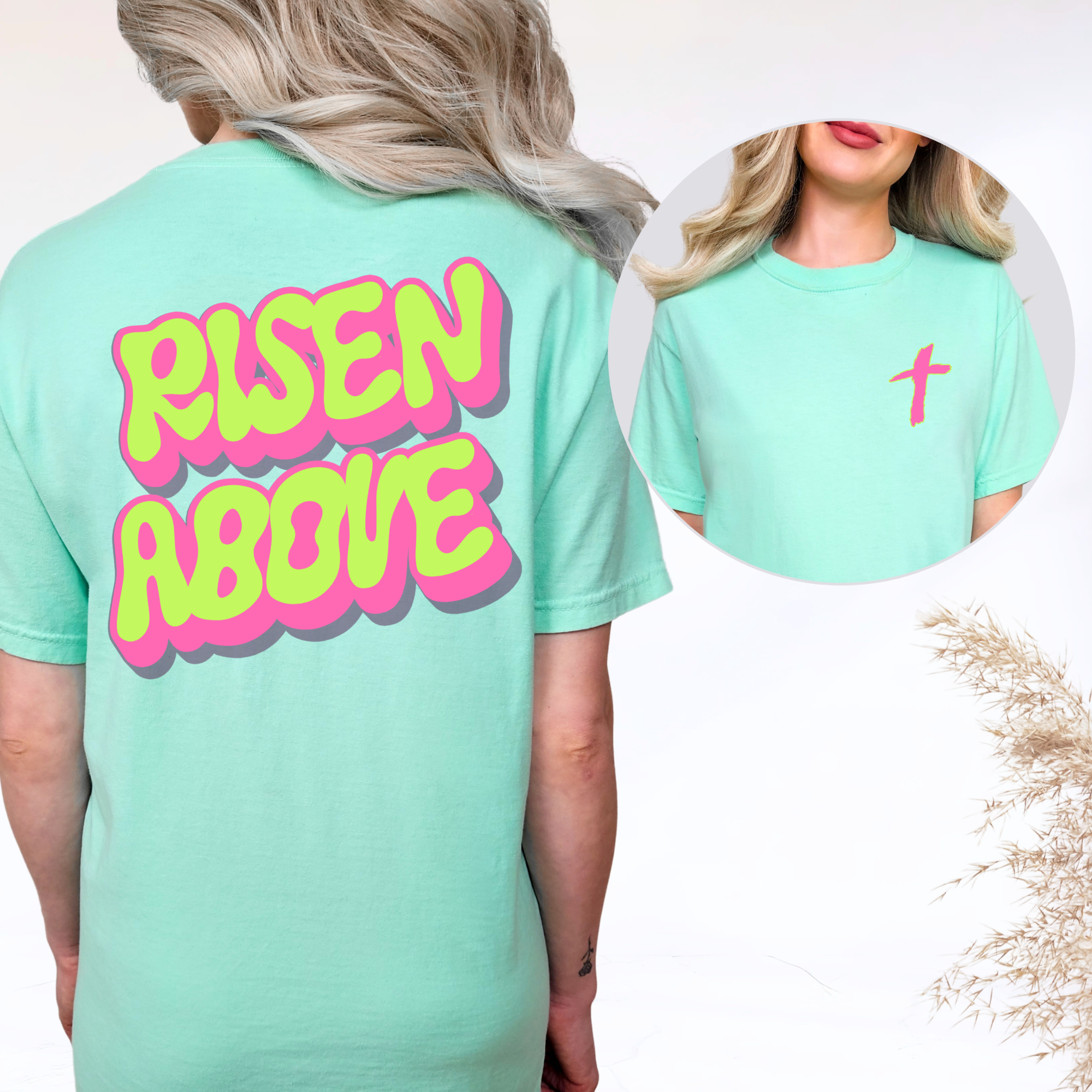 Risen Above Comfort Colors T-Shirt — Neon Bubble Script Cross