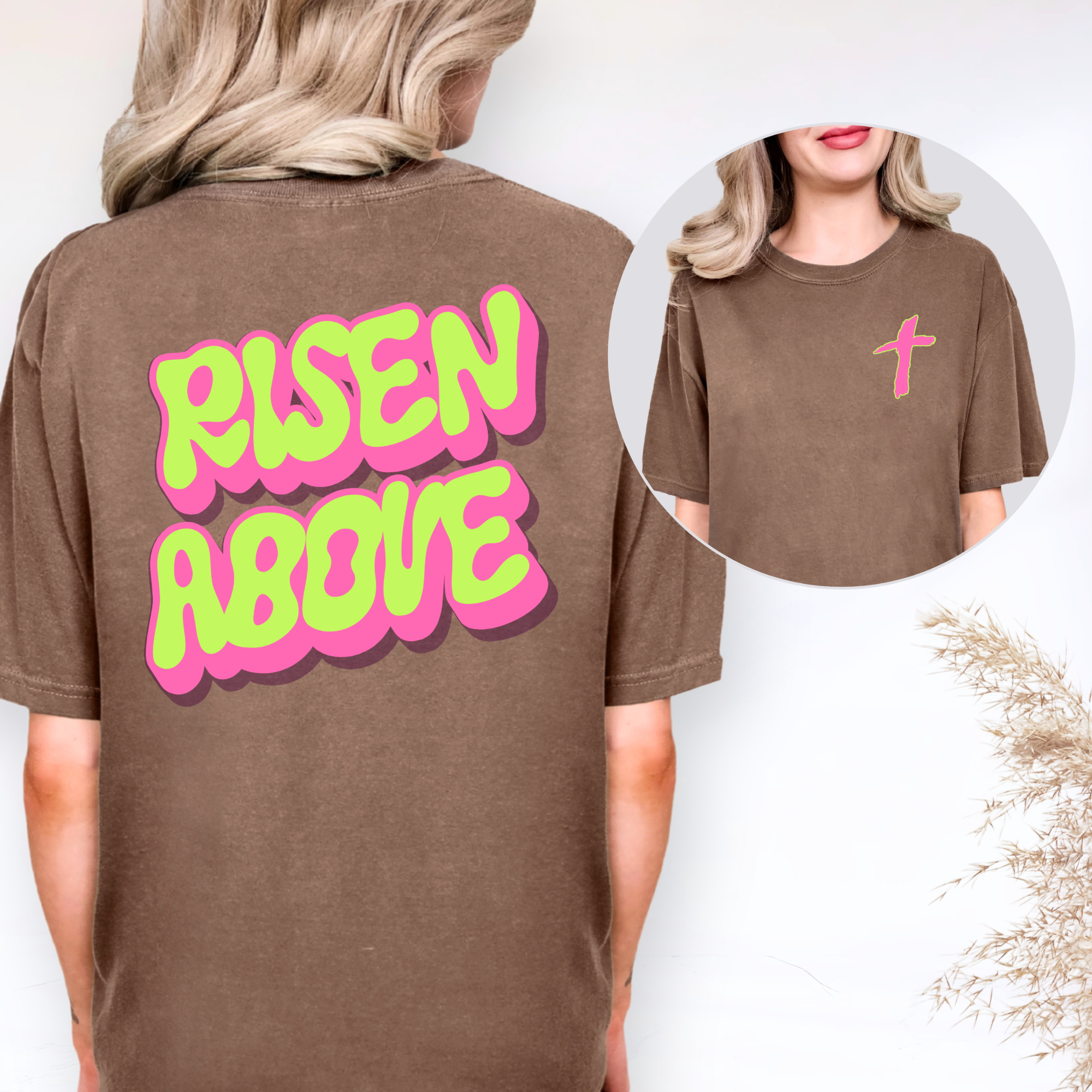 Risen Above Comfort Colors T-Shirt — Neon Bubble Script Cross