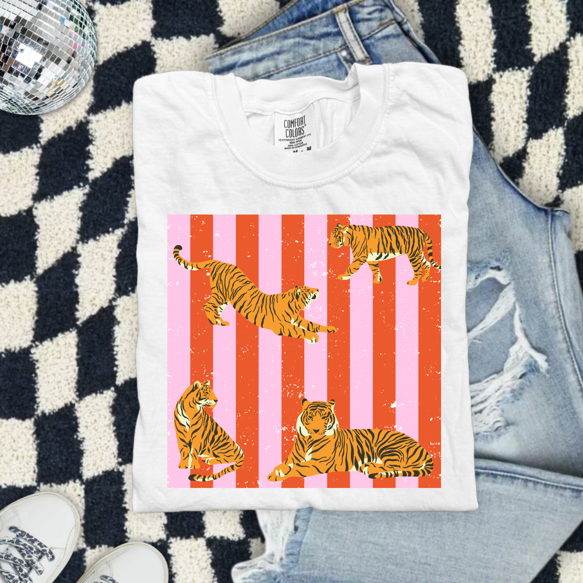 Tiger Stripe Graphic Comfort Colors T-Shirt — Retro Pink Striped Tigers