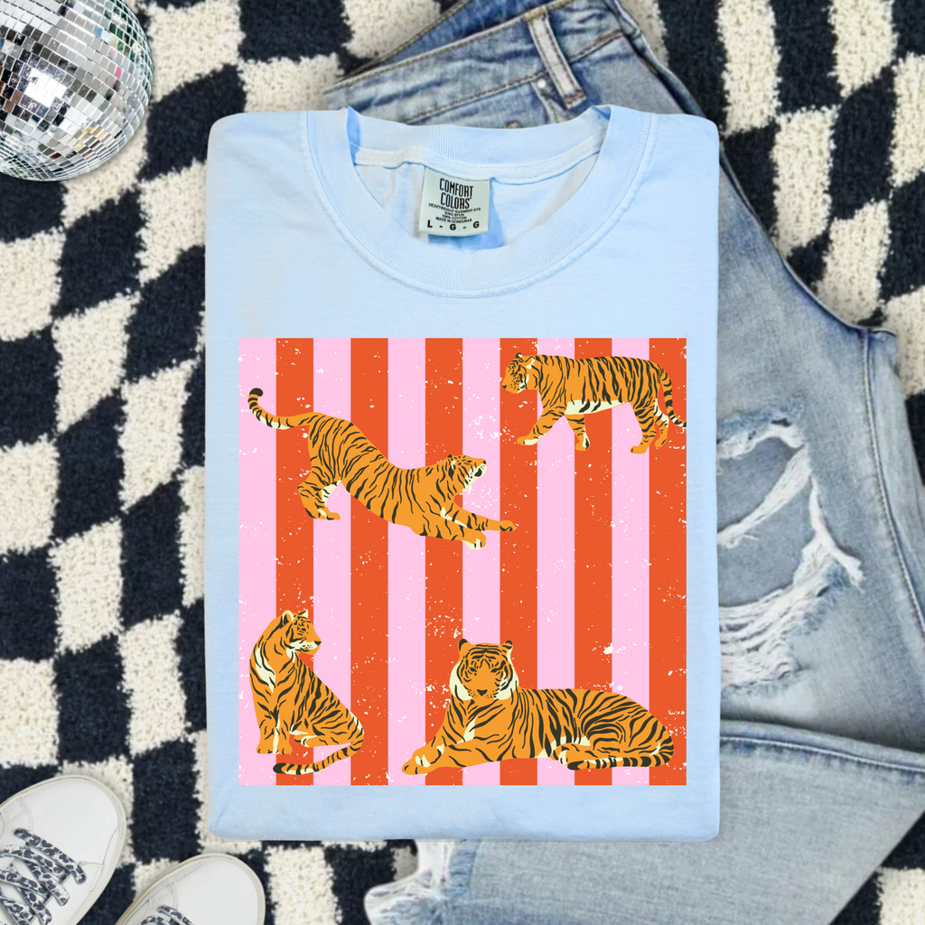 Tiger Stripe Graphic Comfort Colors T-Shirt — Retro Pink Striped Tigers