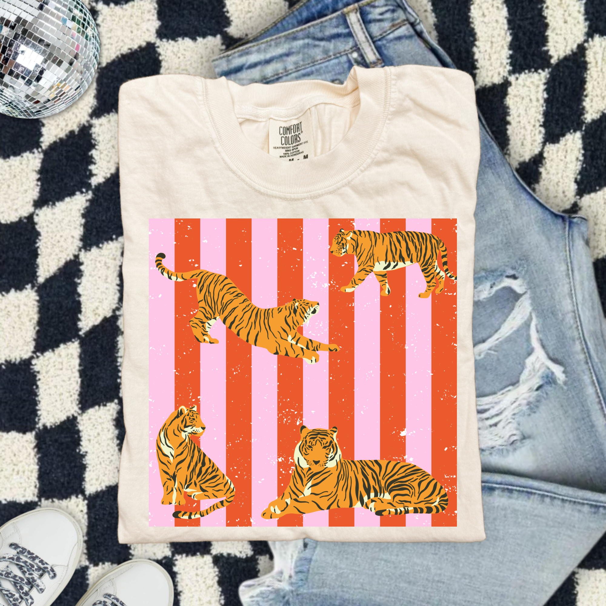 Tiger Stripe Graphic Comfort Colors T-Shirt — Retro Pink Striped Tigers