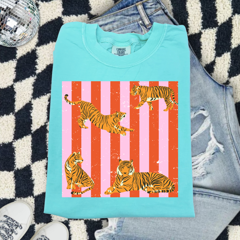 Tiger Stripe Graphic Comfort Colors T-Shirt — Retro Pink Striped Tigers