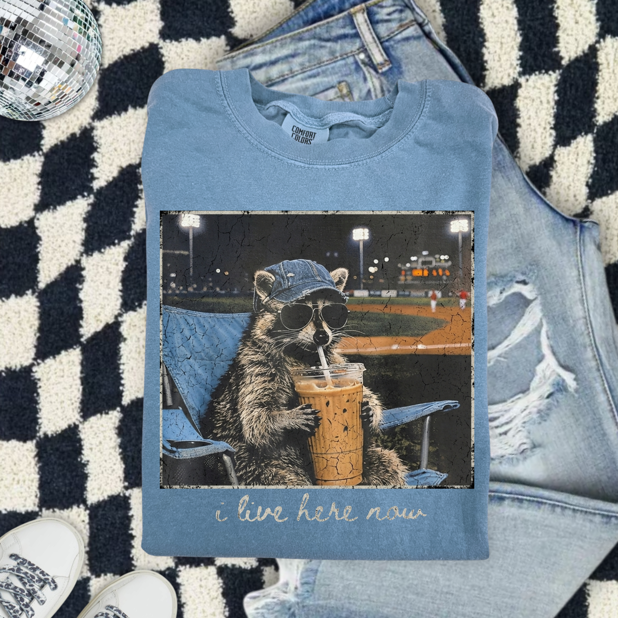 Raccoon Ballpark  — "I Live Here Now" Graphic Comfort Colors Tee