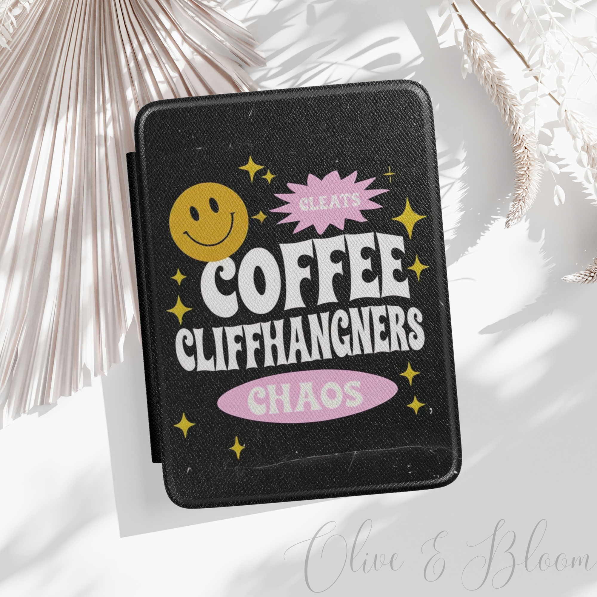 Kindle Case — 'Coffee, Cliffhangers, Chaos' Retro Smiley E-Reader Cover
