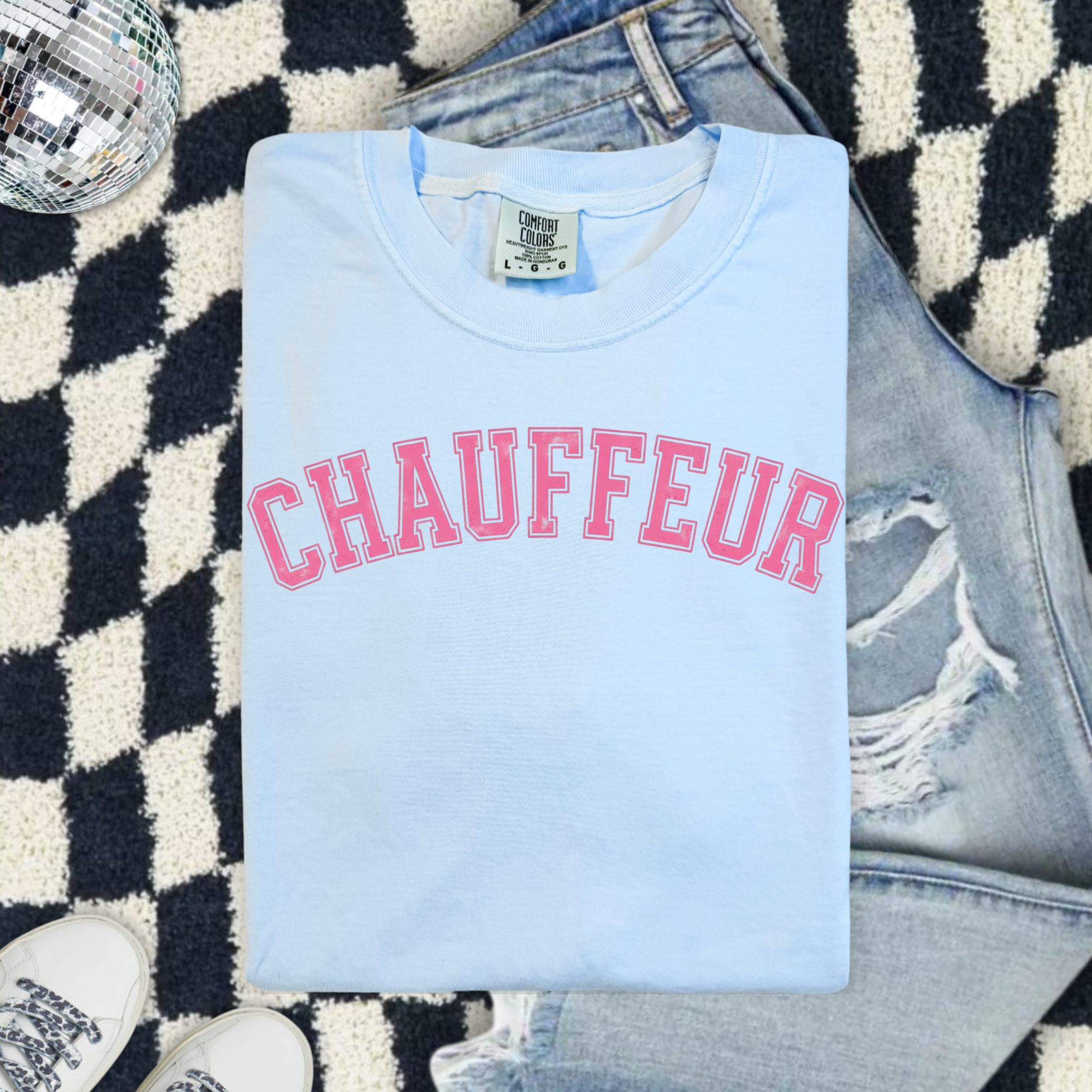 Chauffeur (Because we are sports moms) Graphic T-Shirt — Vintage Garment-Dyed Pink Lettering