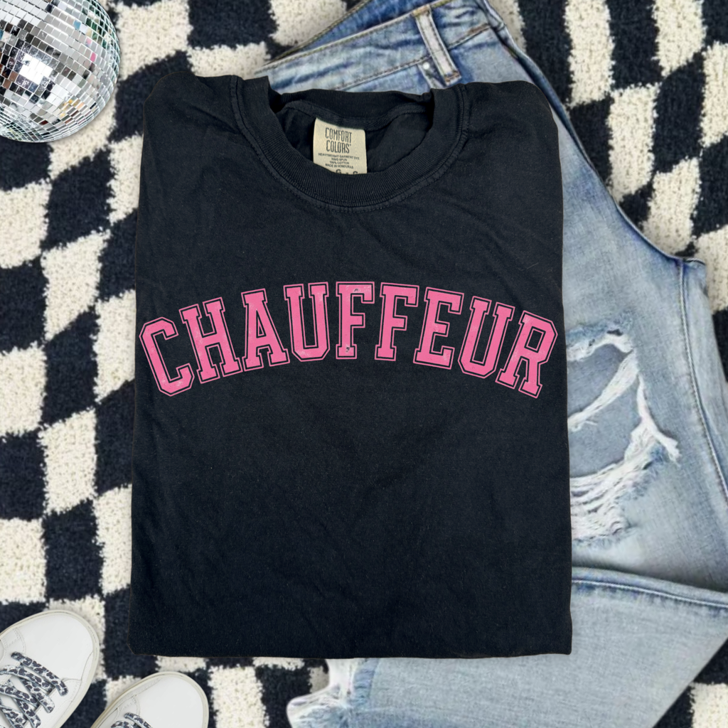 Chauffeur (Because we are sports moms) Graphic T-Shirt — Vintage Garment-Dyed Pink Lettering