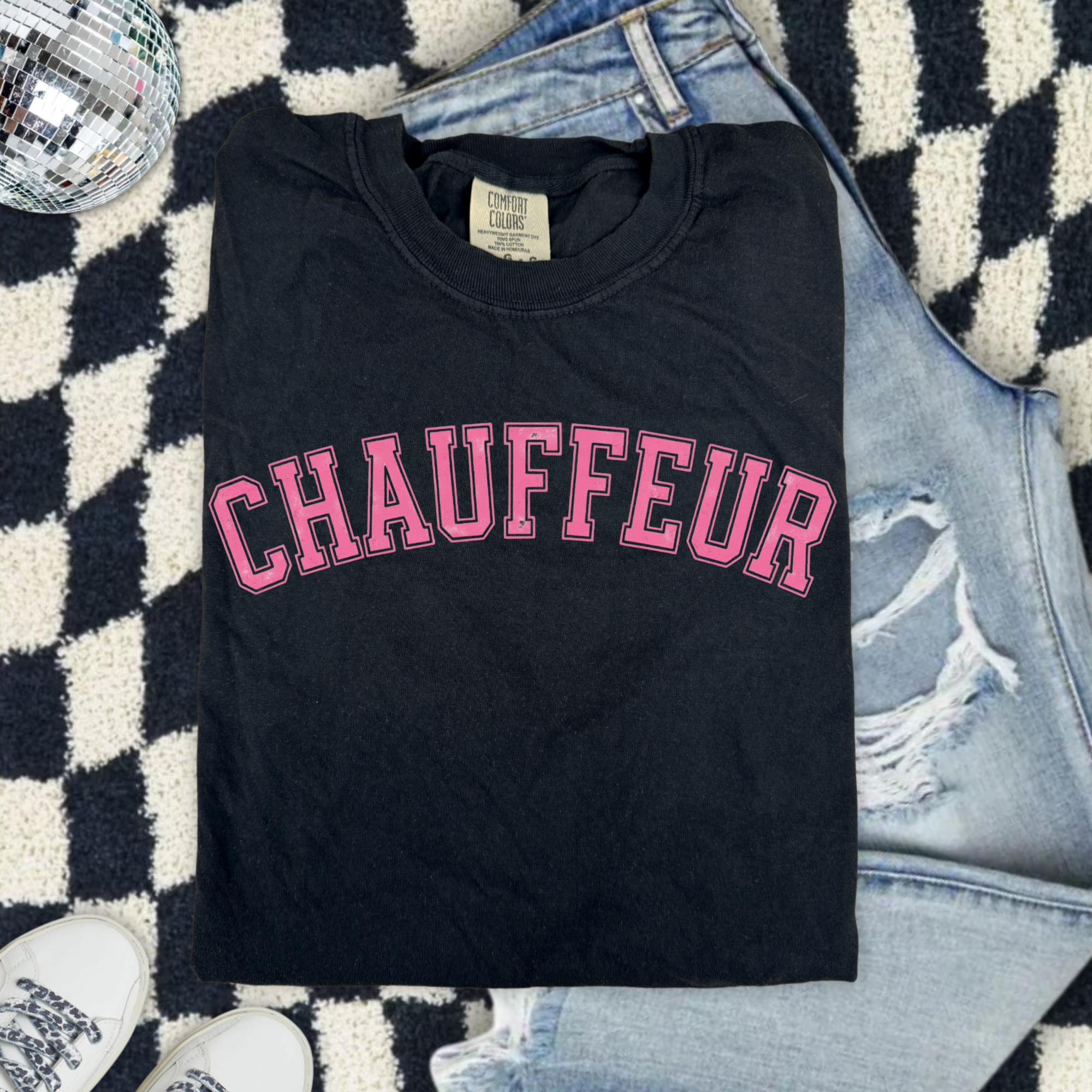 Chauffeur (Because we are sports moms) Graphic T-Shirt — Vintage Garment-Dyed Pink Lettering