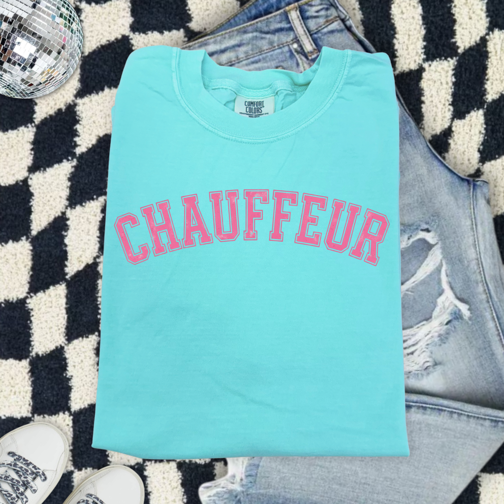 Chauffeur (Because we are sports moms) Graphic T-Shirt — Vintage Garment-Dyed Pink Lettering