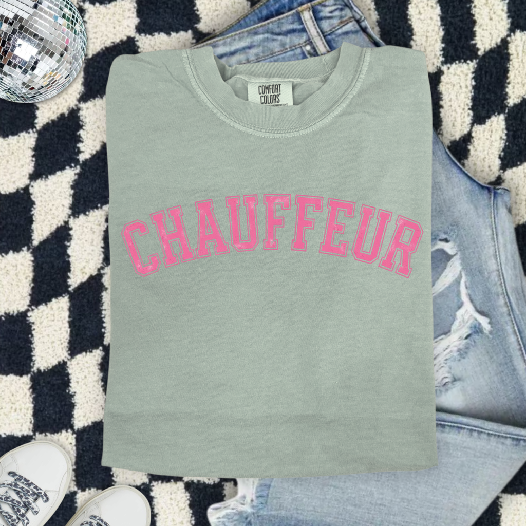 Chauffeur (Because we are sports moms) Graphic T-Shirt — Vintage Garment-Dyed Pink Lettering