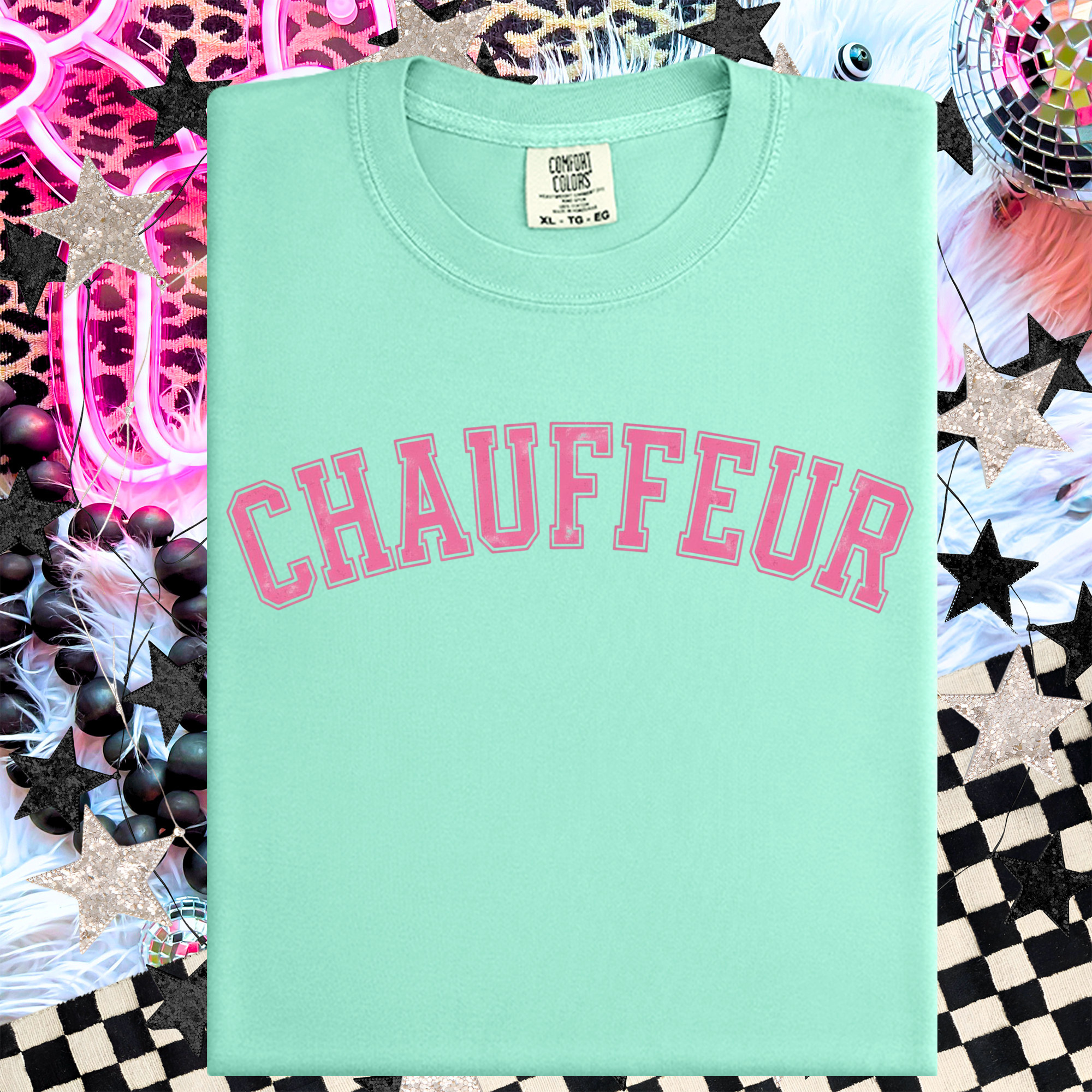 Chauffeur (Because we are sports moms) Graphic T-Shirt — Vintage Garment-Dyed Pink Lettering