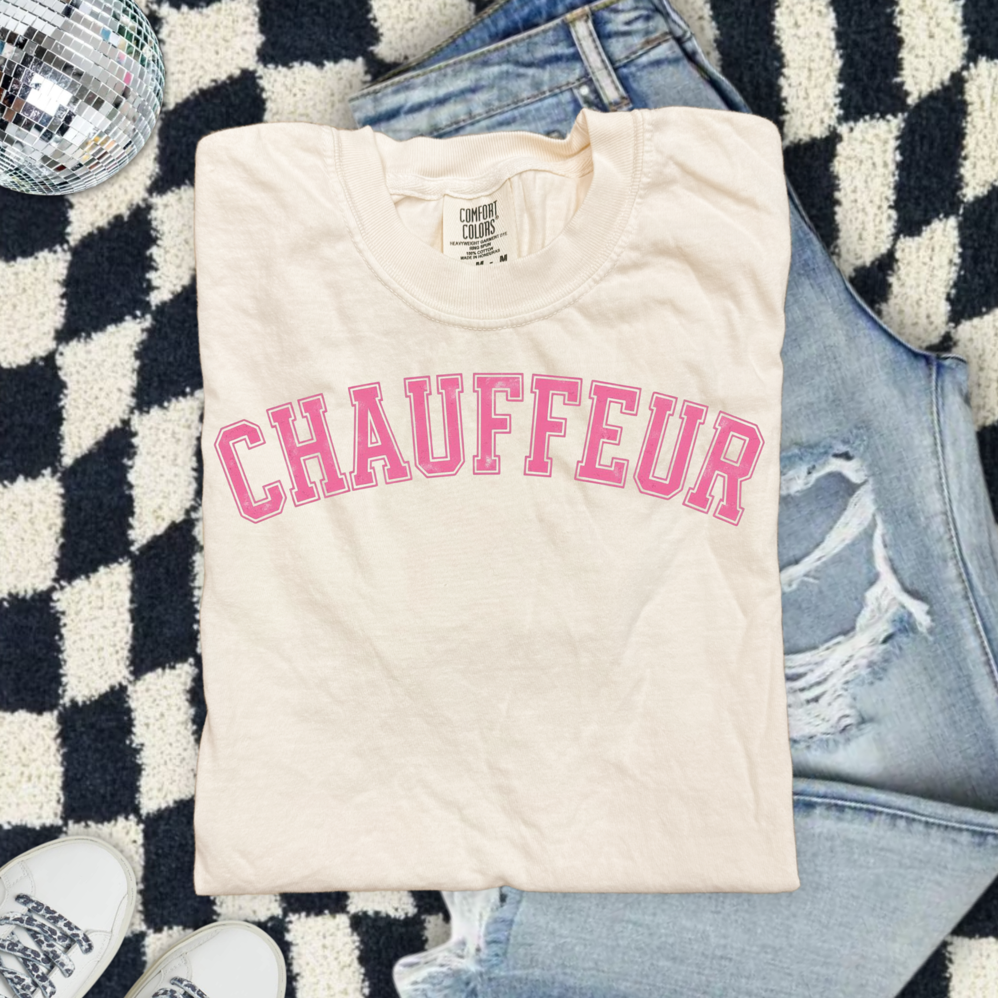 Chauffeur (Because we are sports moms) Graphic T-Shirt — Vintage Garment-Dyed Pink Lettering