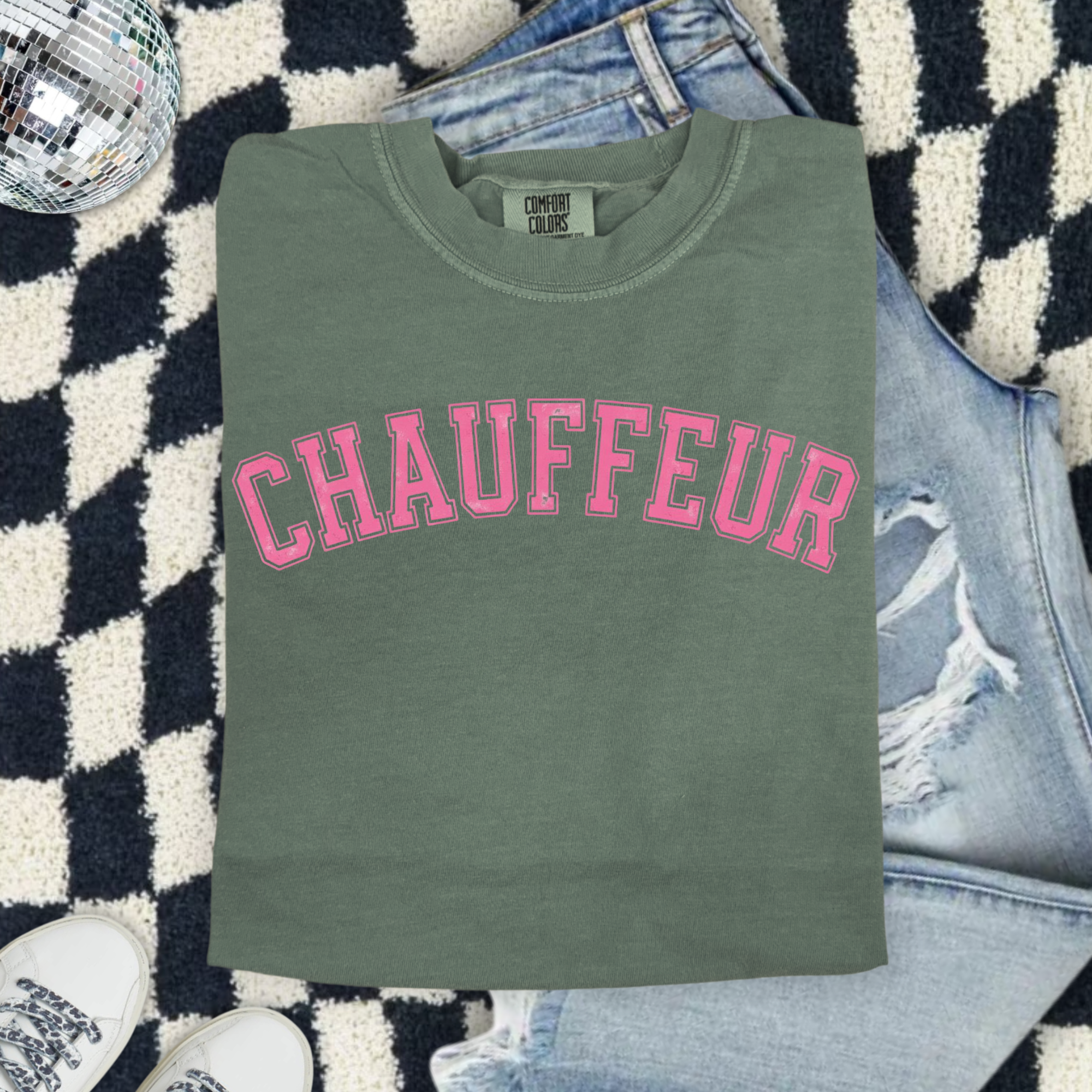 Chauffeur (Because we are sports moms) Graphic T-Shirt — Vintage Garment-Dyed Pink Lettering