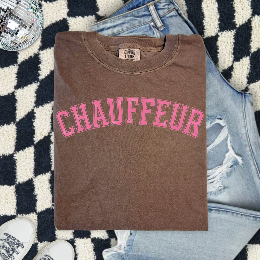 Chauffeur (Because we are sports moms) Graphic T-Shirt — Vintage Garment-Dyed Pink Lettering