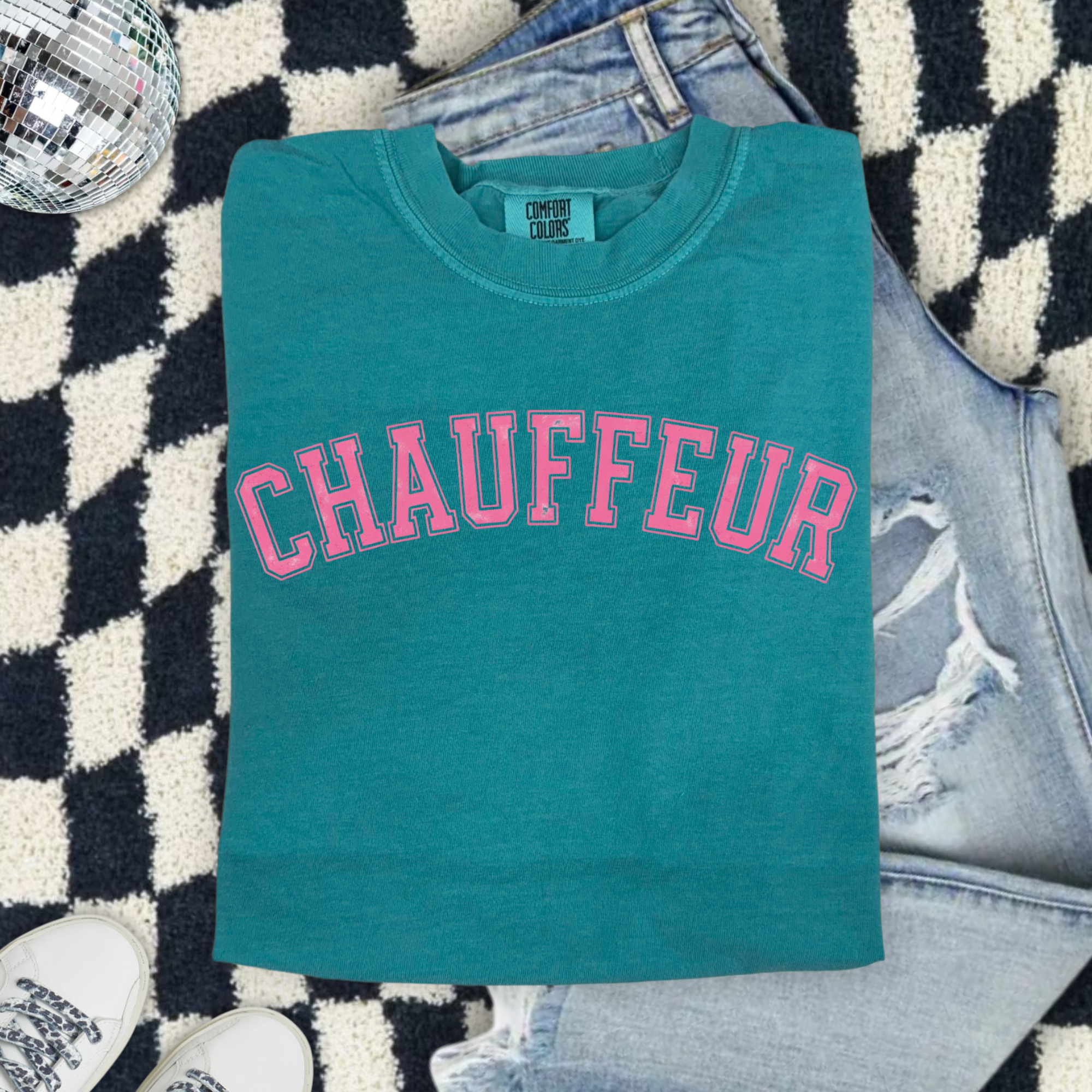 Chauffeur (Because we are sports moms) Graphic T-Shirt — Vintage Garment-Dyed Pink Lettering