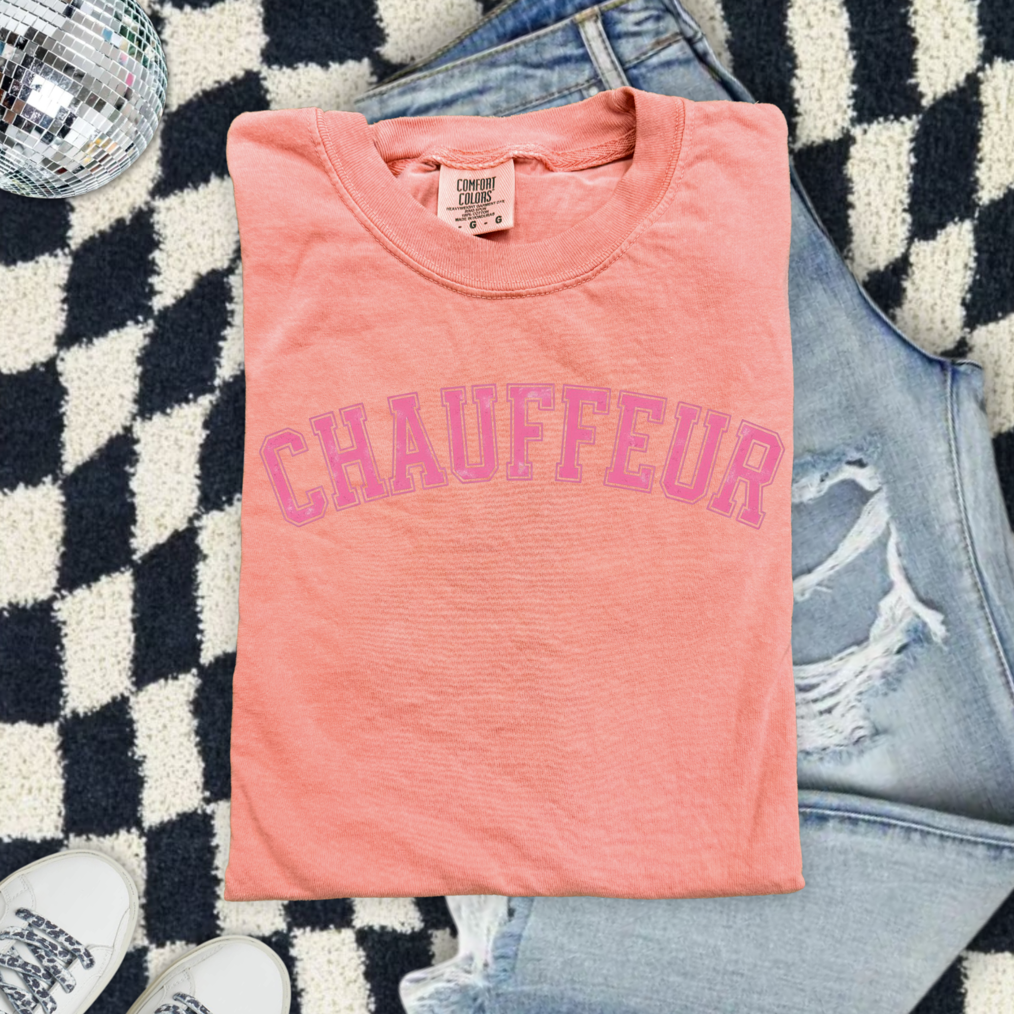 Chauffeur (Because we are sports moms) Graphic T-Shirt — Vintage Garment-Dyed Pink Lettering