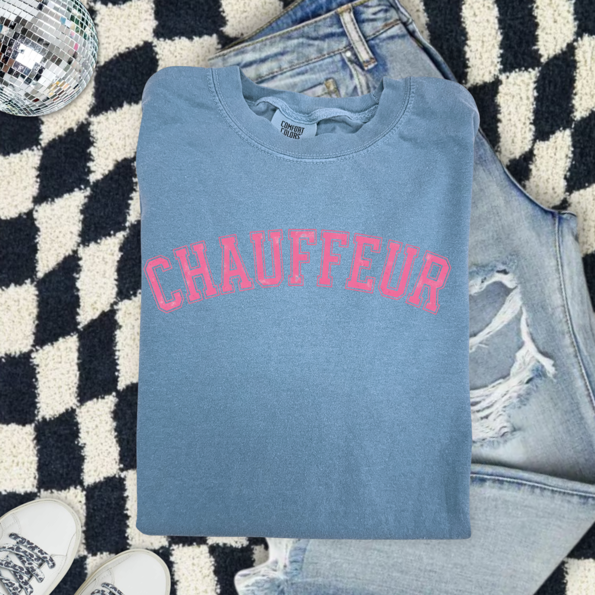Chauffeur (Because we are sports moms) Graphic T-Shirt — Vintage Garment-Dyed Pink Lettering