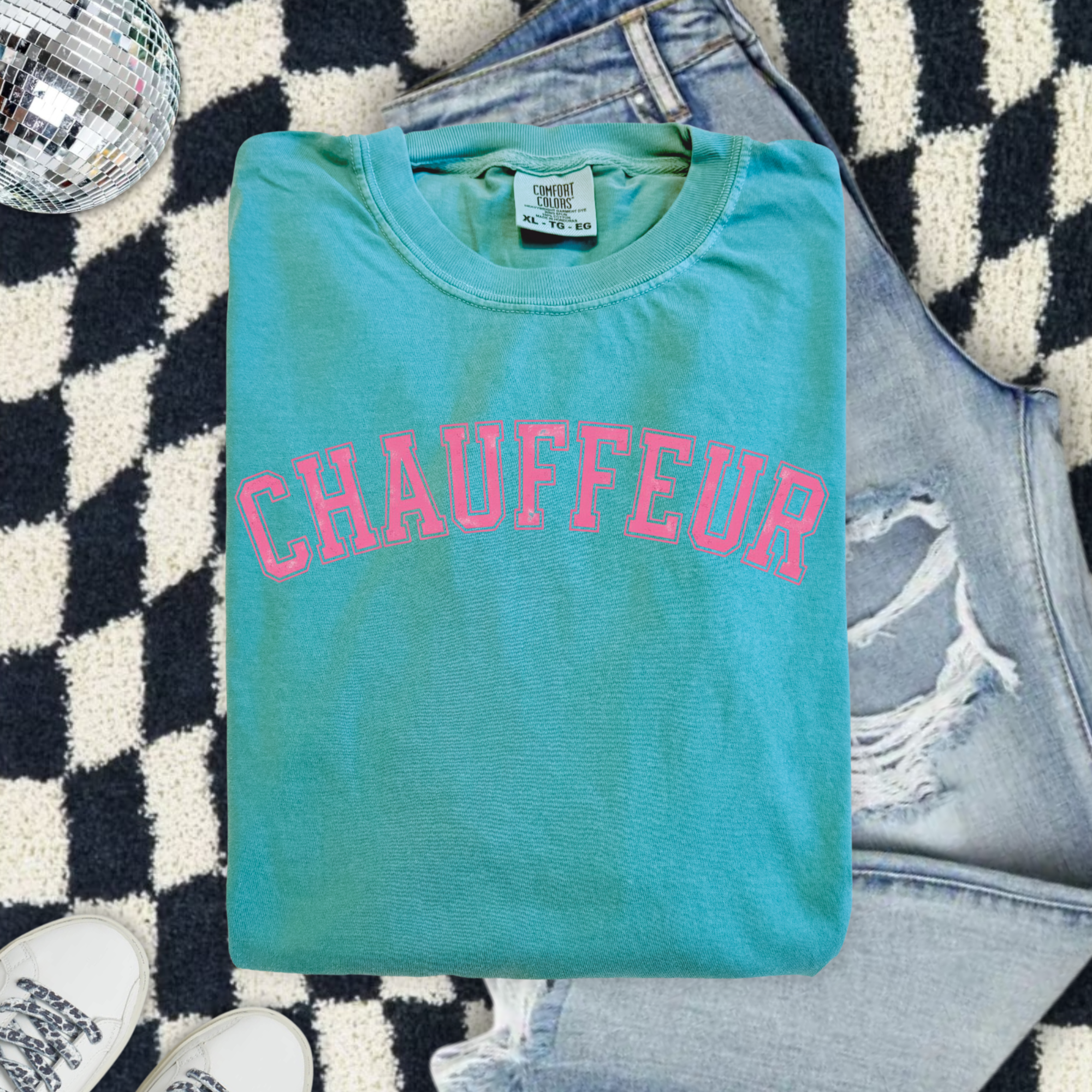 Chauffeur (Because we are sports moms) Graphic T-Shirt — Vintage Garment-Dyed Pink Lettering
